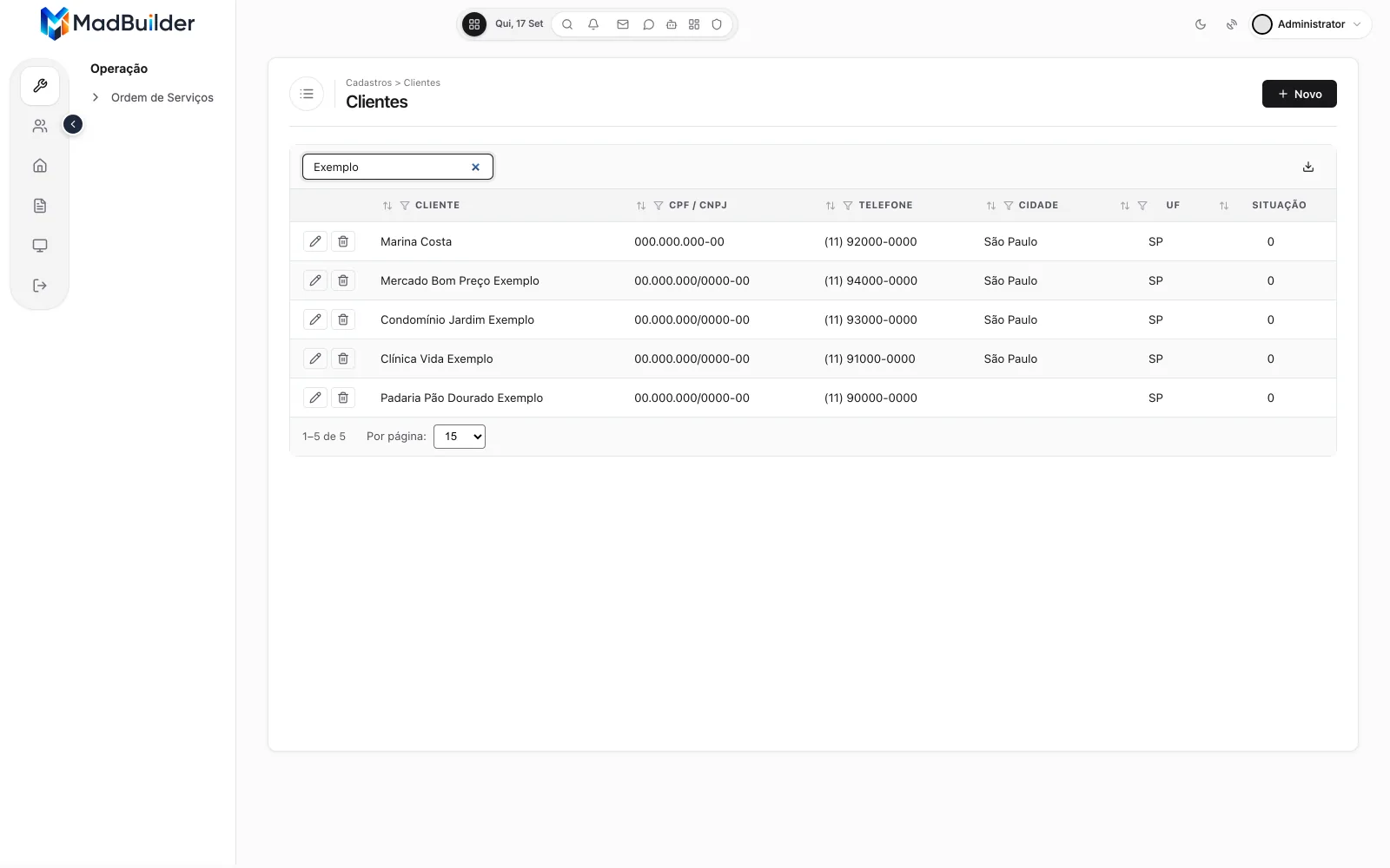 App no Teste Online: listagem de clientes com as seis colunas e os botões de ação na linha, com a busca do topo preenchida com Exemplo e o rodapé em 1–5 de 5 (os cinco clientes do curso)