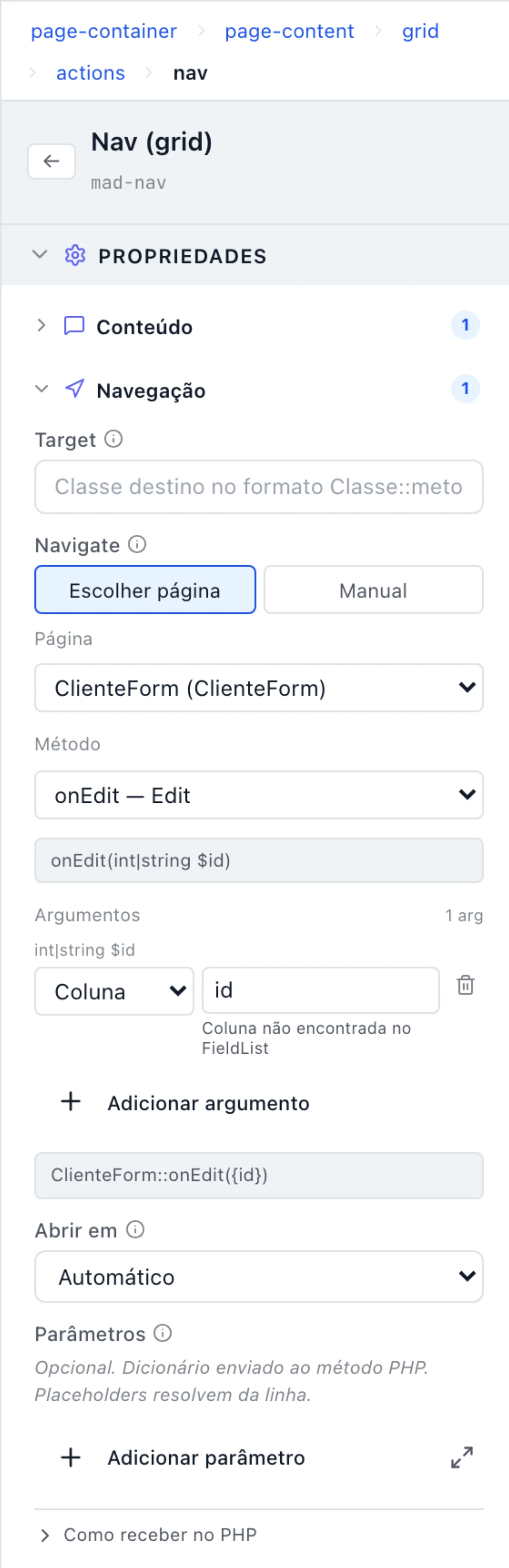 Painel da ação Editar com a seção Navegação aberta: modo Escolher página, Página em ClienteForm e o método da linha