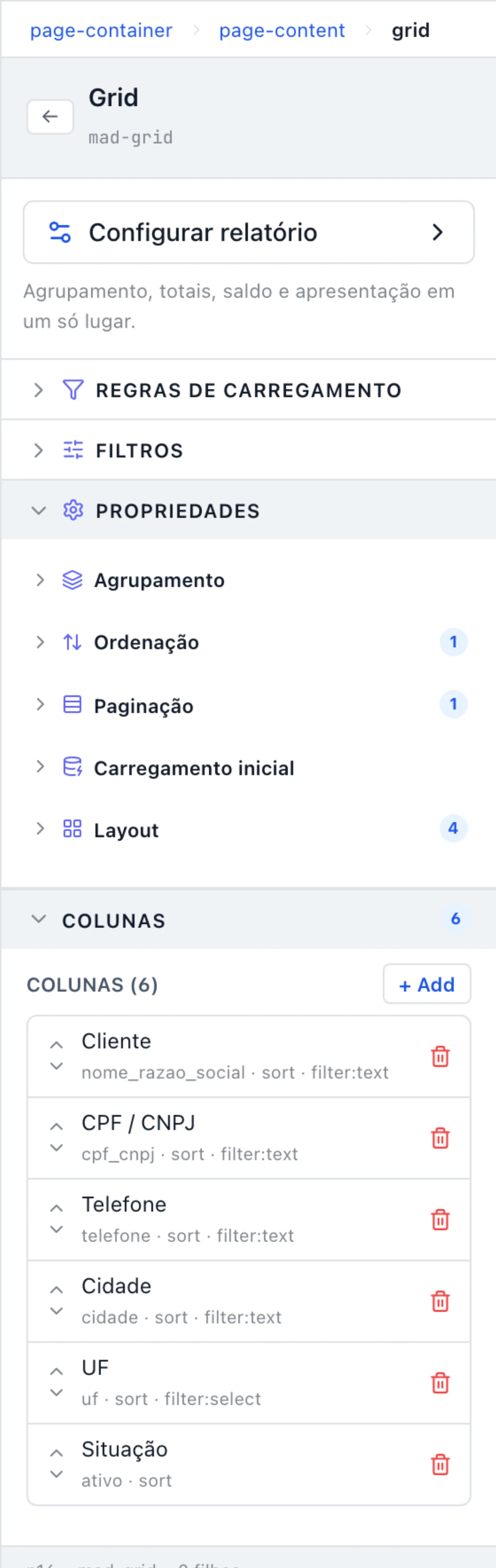 Painel da grade com a seção COLUNAS (6) aberta: as seis colunas com rótulo e meta (campo · sort · filter) e o botão + Add