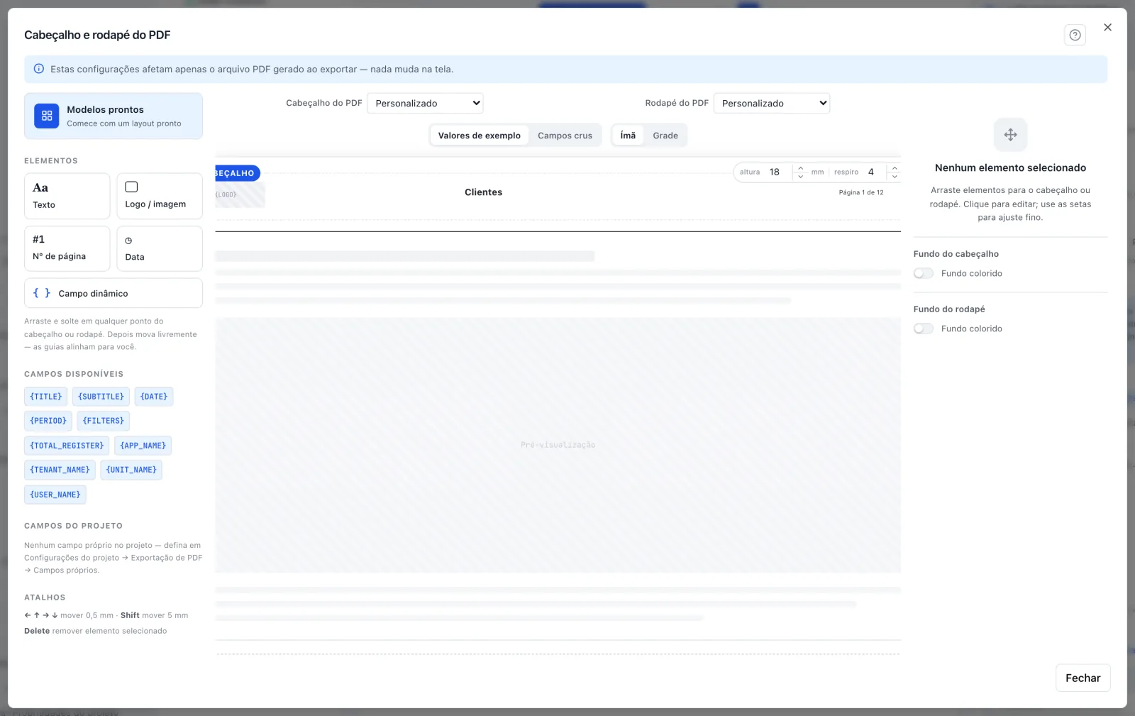 Modal Cabeçalho e rodapé do PDF com o modelo Corporativo clássico aplicado: Cabeçalho do PDF e Rodapé do PDF em Personalizado, e a folha com o logo, o título Clientes e Página 1 de 12
