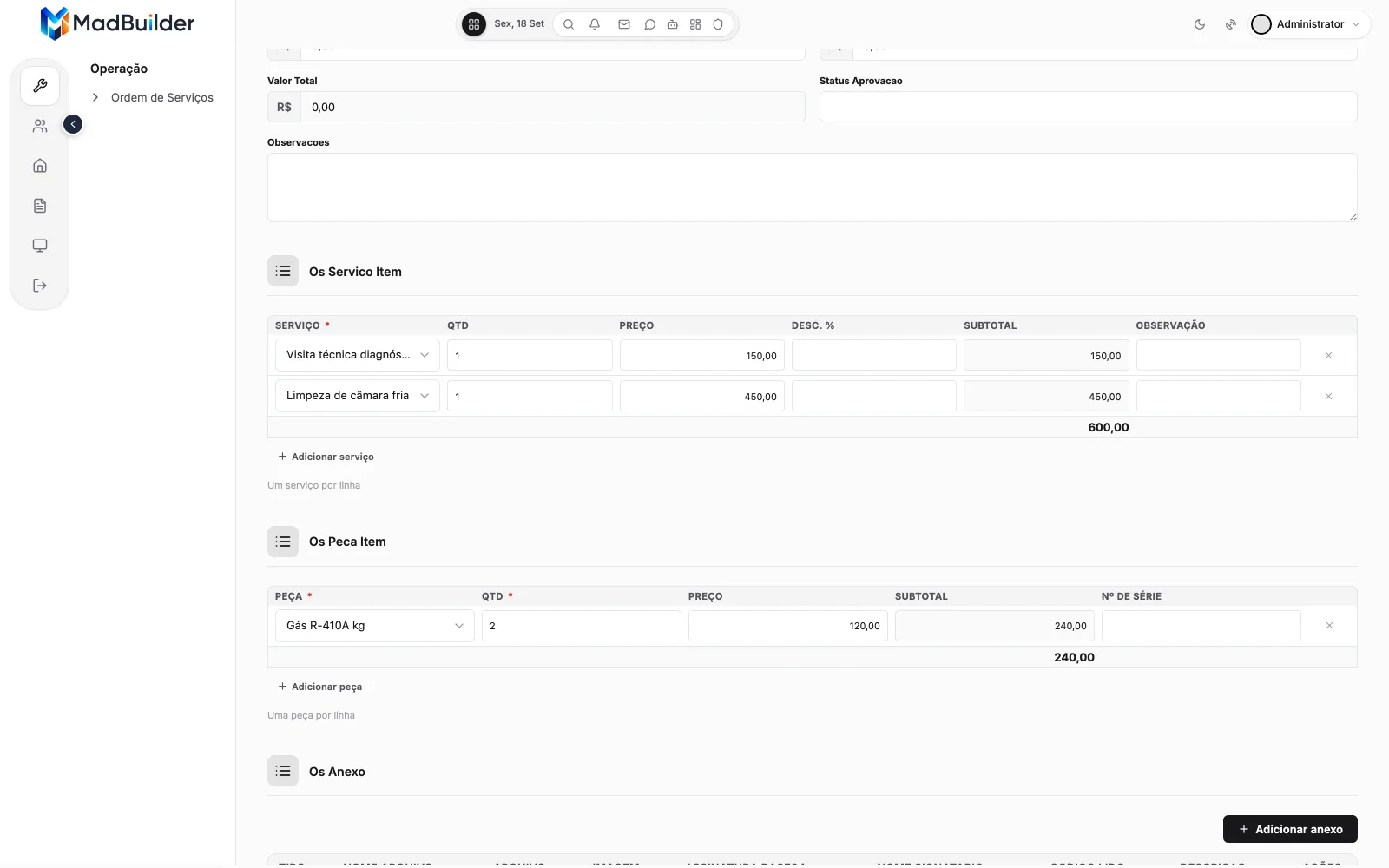 App no Teste Online: a OS OS-2026-001 aberta e rolada até as listas filhas — dois serviços somando 600,00 no rodapé, uma peça somando 240,00 e o botão Adicionar anexo