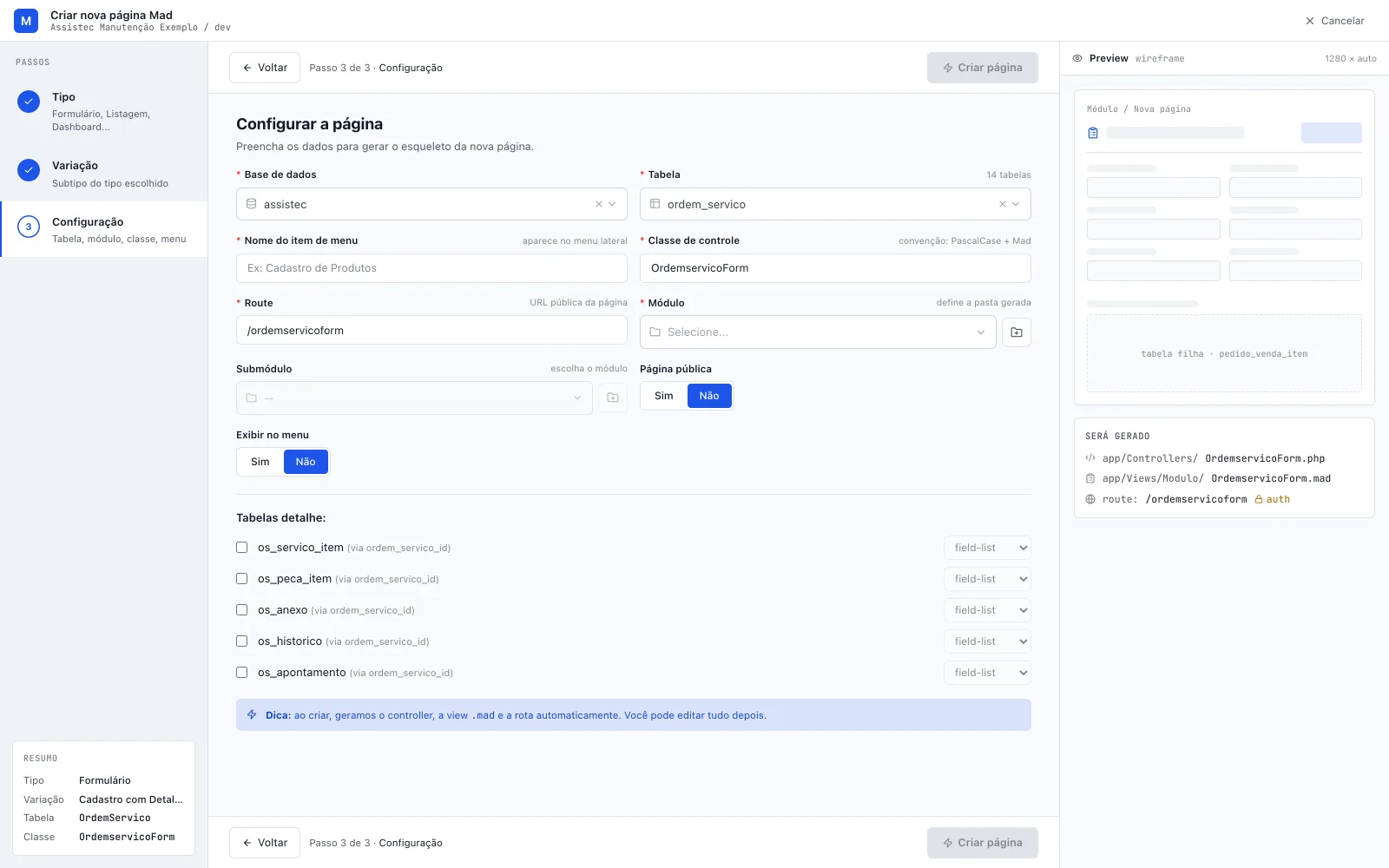 Assistente Criar nova página Mad (tela cheia) no Passo 3 de 3 · Configuração, variação Cadastro com Detalhe e tabela ordem_servico, com a lista Tabelas detalhe: os_servico_item, os_peca_item, os_anexo, os_historico e os_apontamento, cada uma com o seletor field-list / detail-form