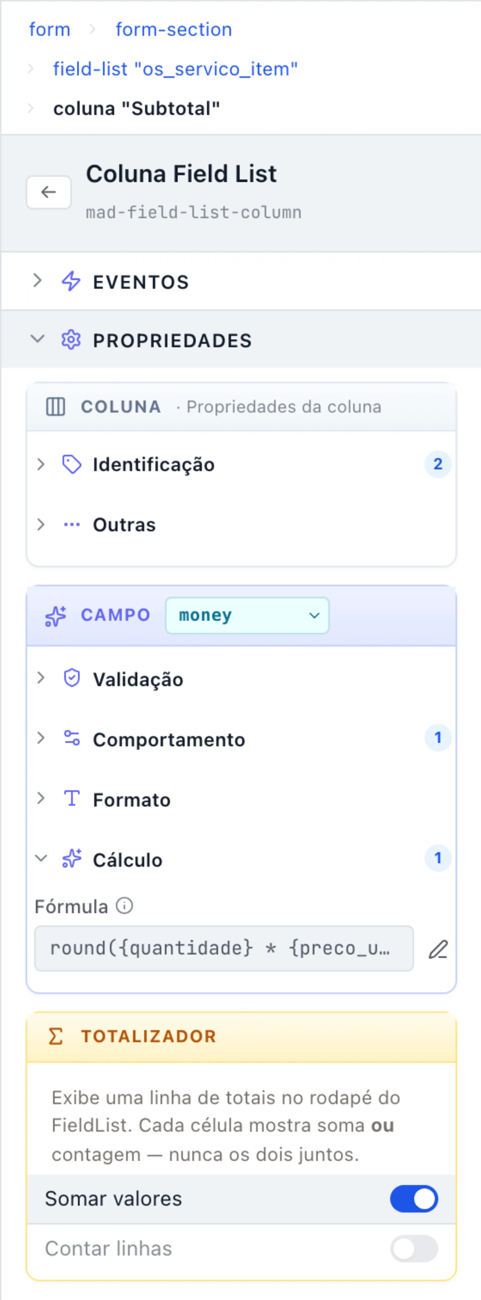 Painel da coluna Subtotal com Cálculo aberto mostrando a fórmula e, embaixo, o cartão TOTALIZADOR com Somar valores ligado e Contar linhas bloqueado