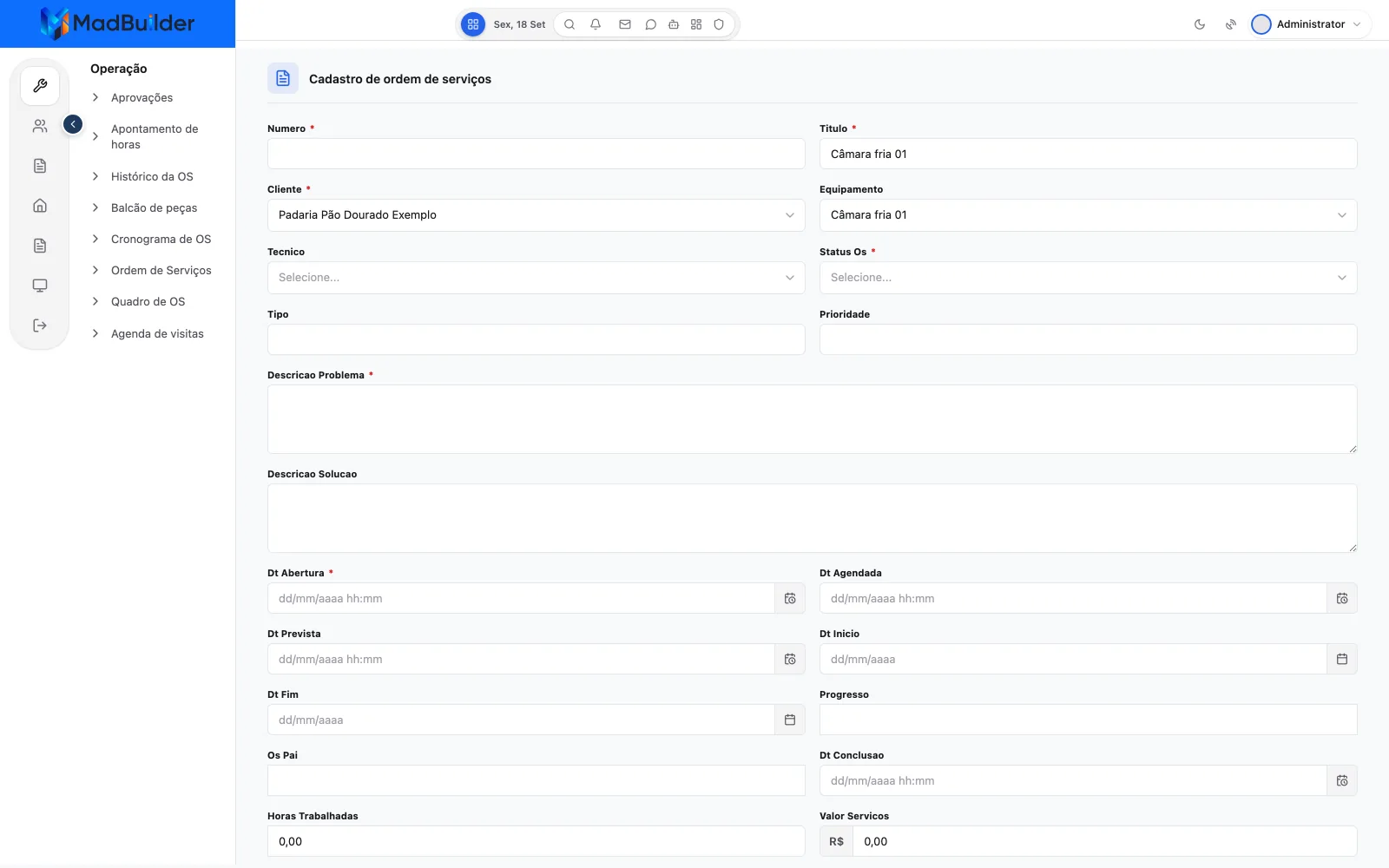 App no Teste Online: OS nova com Cliente Padaria Pão Dourado Exemplo, Equipamento Câmara fria 01 (único do cliente) e o Titulo já preenchido sozinho com Câmara fria 01