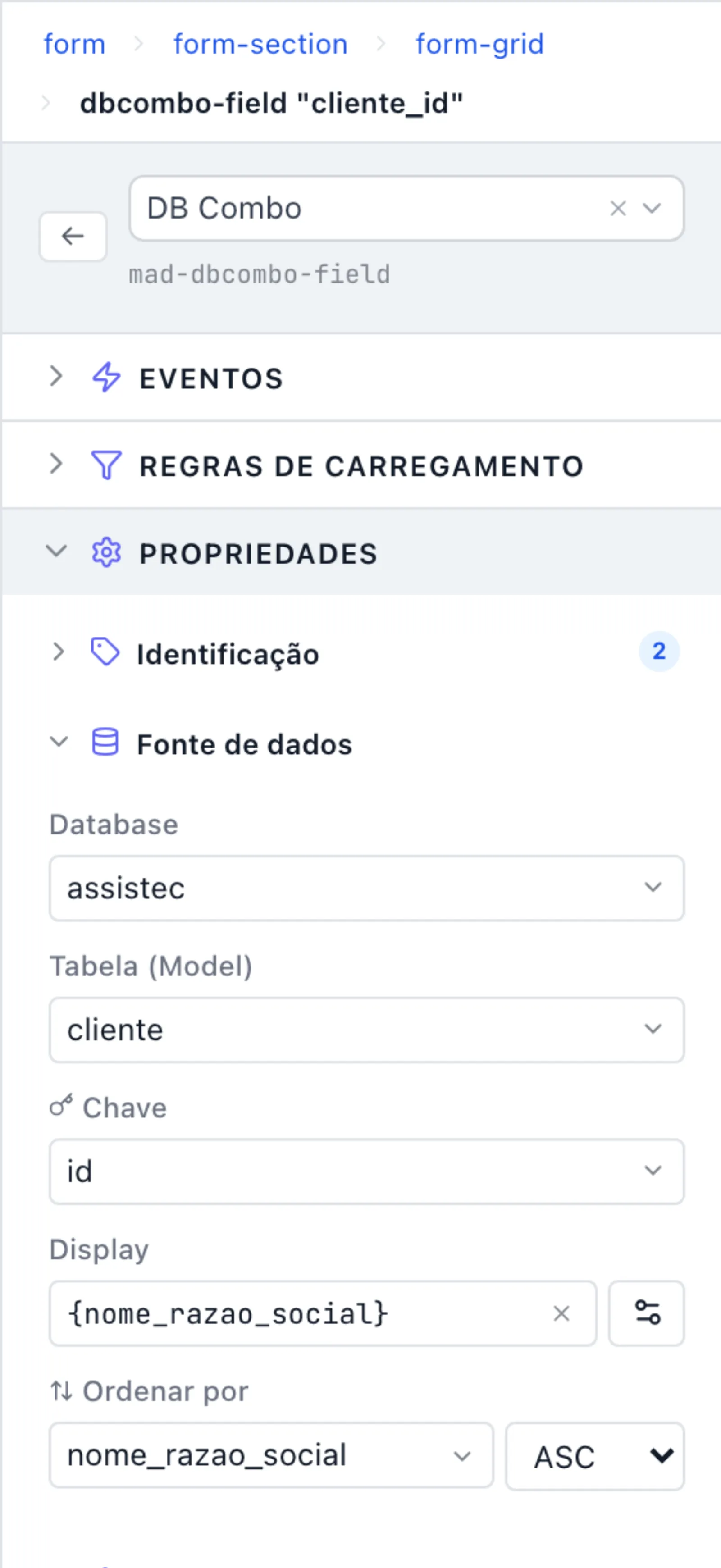 Campo cliente_id (DB Combo) do OrdemServicoForm com a seção Fonte de dados aberta: Database assistec, Tabela (Model) cliente, Chave id, Display {nome_razao_social} e Ordenar por nome_razao_social ASC