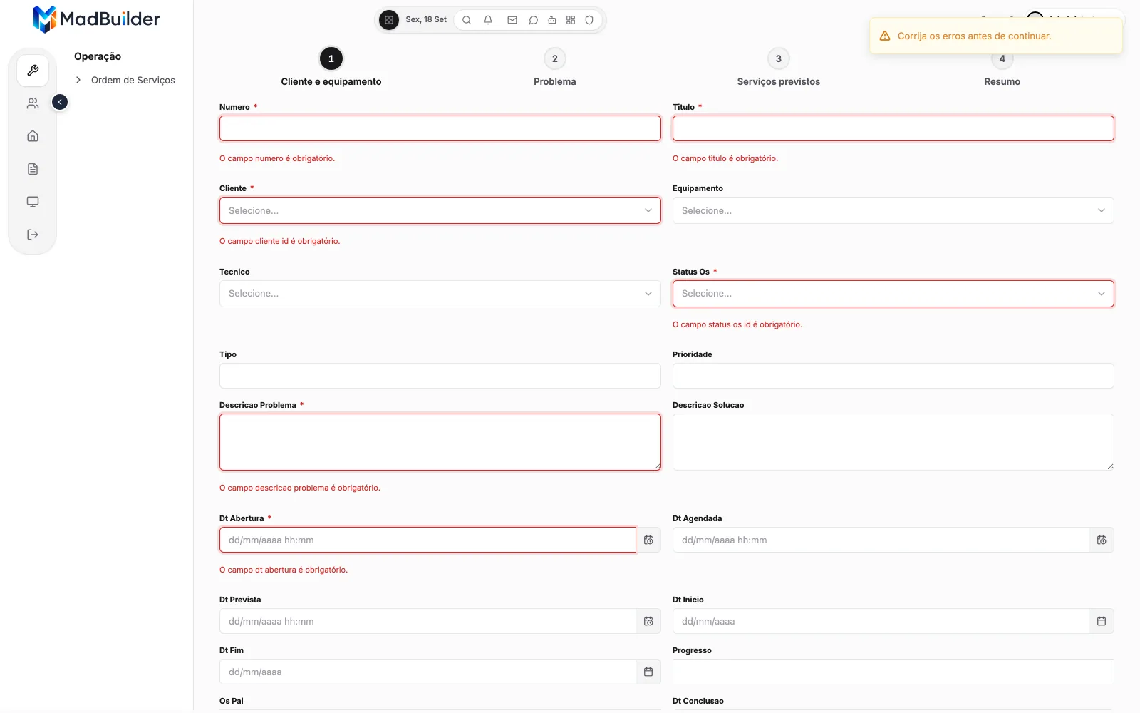 App no Teste Online: wizard de abertura de OS depois de tentar avançar sem preencher — o aviso Corrija os erros antes de continuar e os campos obrigatórios marcados em vermelho