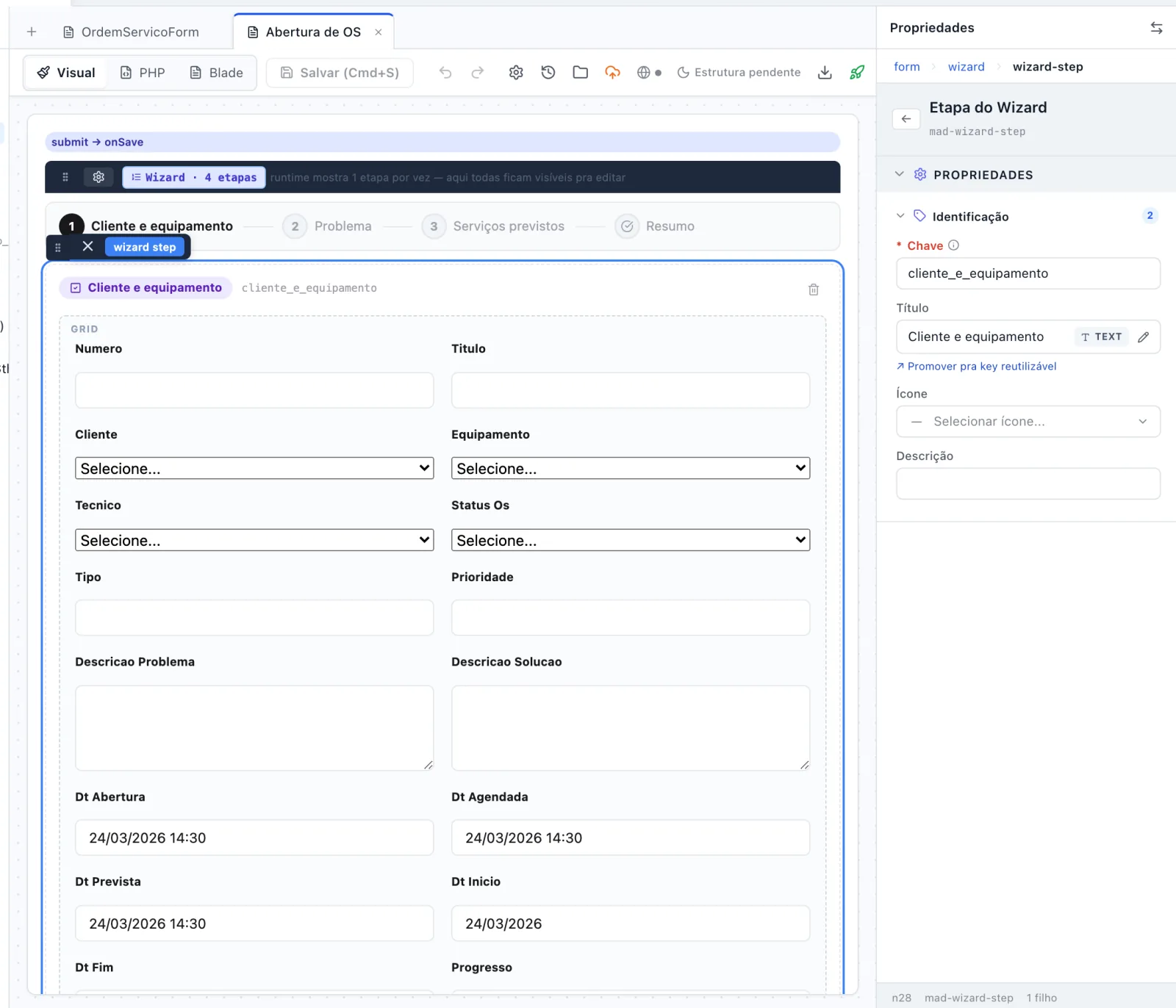 Canvas do wizard com o aviso runtime mostra 1 etapa por vez, o indicador das quatro etapas e a etapa Cliente e equipamento aberta; à direita o painel Etapa do Wizard com Chave, Título, Ícone e Descrição