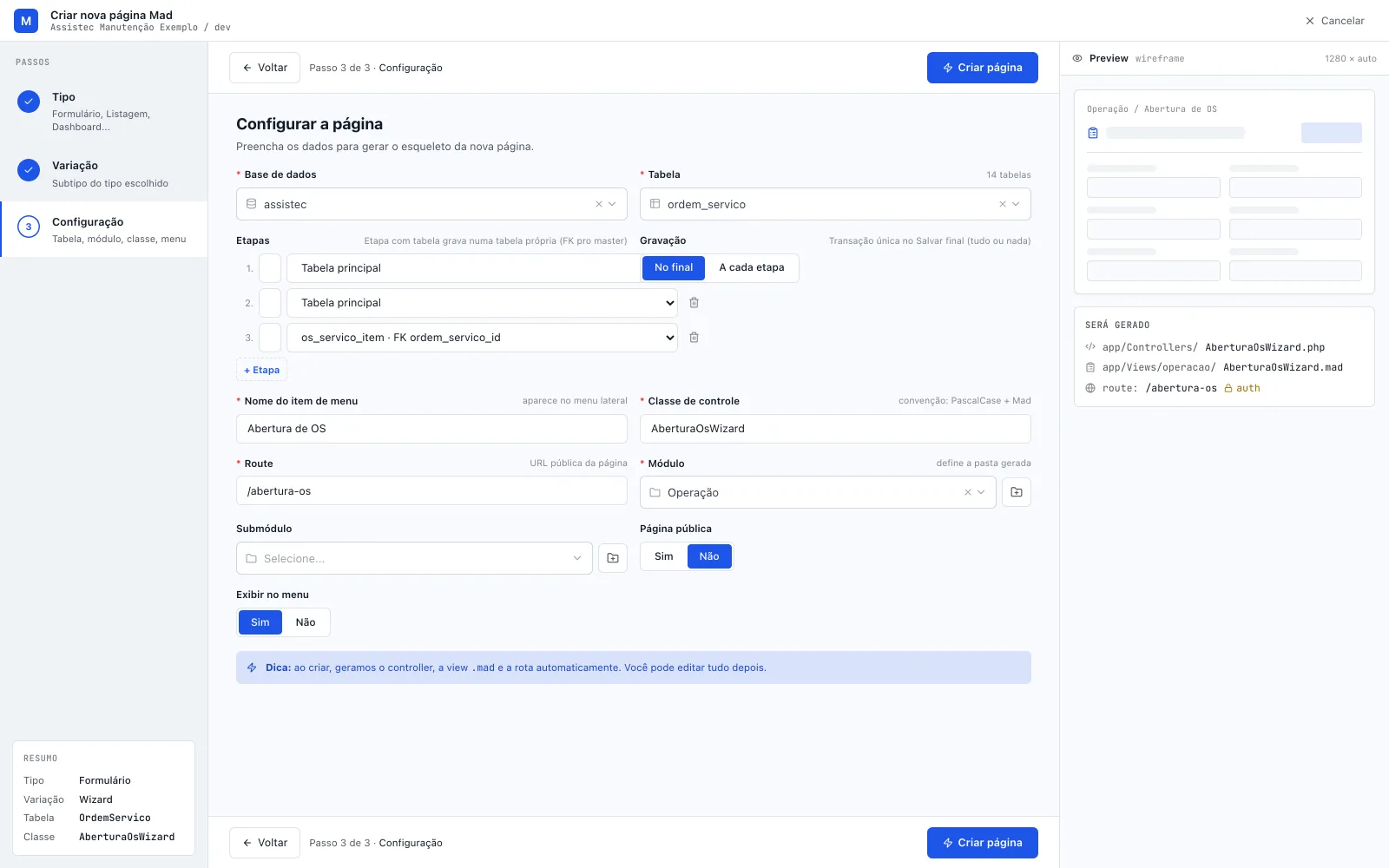 Passo 3 de 3 · Configuração com a tabela ordem_servico, a lista Etapas com três linhas — o título de cada etapa é a caixa estreita à esquerda da linha, e a terceira aponta os_servico_item · FK ordem_servico_id —, Gravação em No final, e o bloco de menu/classe/rota/módulo preenchido com Abertura de OS, AberturaOsWizard, /abertura-os e Operação