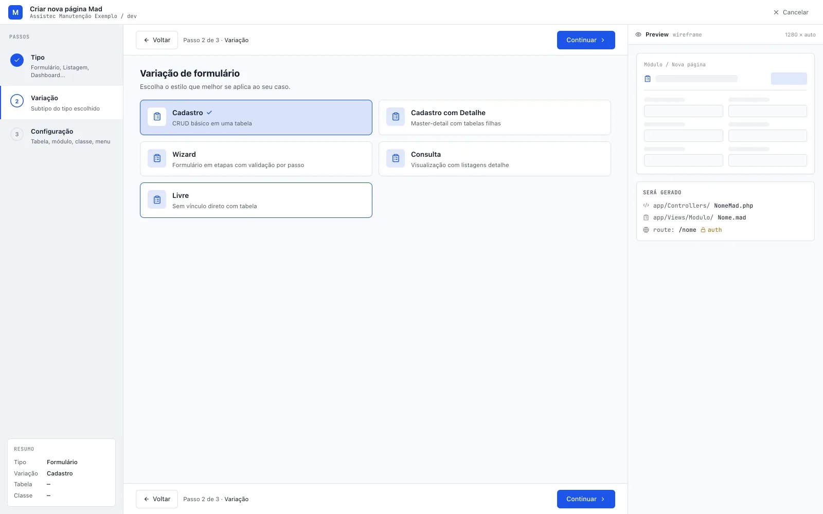 Assistente Criar nova página Mad no Passo 2 de 3 · Variação, com as cinco variações de Formulário — Cadastro, Cadastro com Detalhe, Wizard (Formulário em etapas com validação por passo), Consulta e Livre