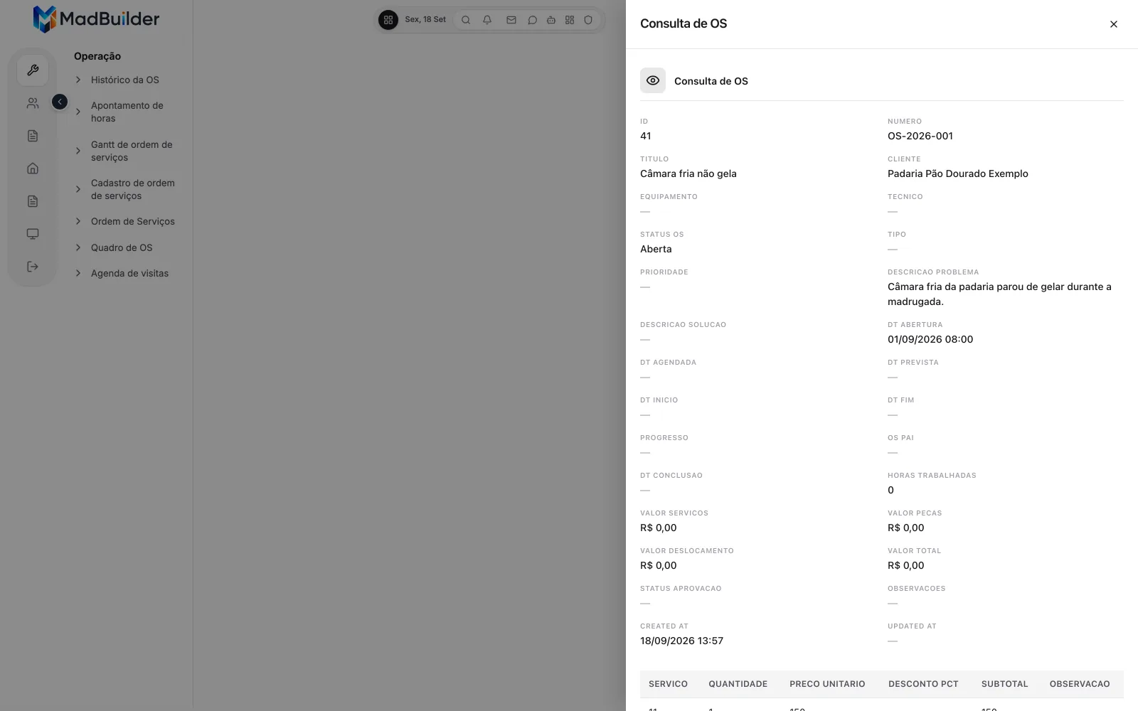 App no Teste Online: a Consulta de OS aberta sobre a OS OS-2026-001 — cabeçalho só de leitura (ID, NUMERO, TITULO, CLIENTE, STATUS OS, DESCRICAO PROBLEMA…, com — no que está vazio) e, no rodapé do quadro, a primeira listagem detalhe com as colunas SERVICO, QUANTIDADE, PRECO UNITARIO, DESCONTO PCT, SUBTOTAL e OBSERVACAO