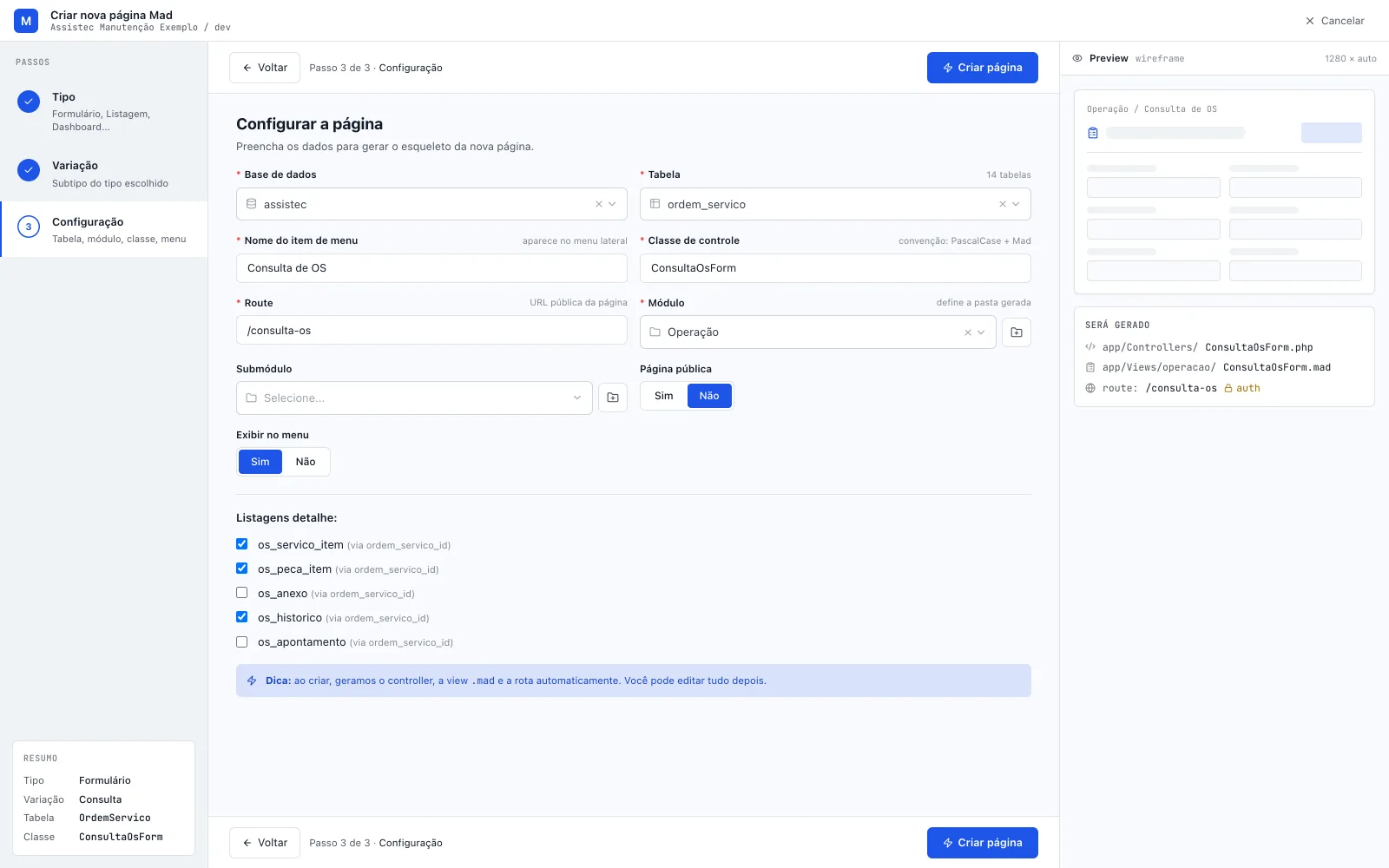 Passo 3 de 3 · Configuração da Consulta sobre ordem_servico, com Listagens detalhe marcando os_servico_item, os_peca_item e os_historico, e o bloco de menu/classe/rota/módulo em Consulta de OS, ConsultaOsForm, /consulta-os e Operação