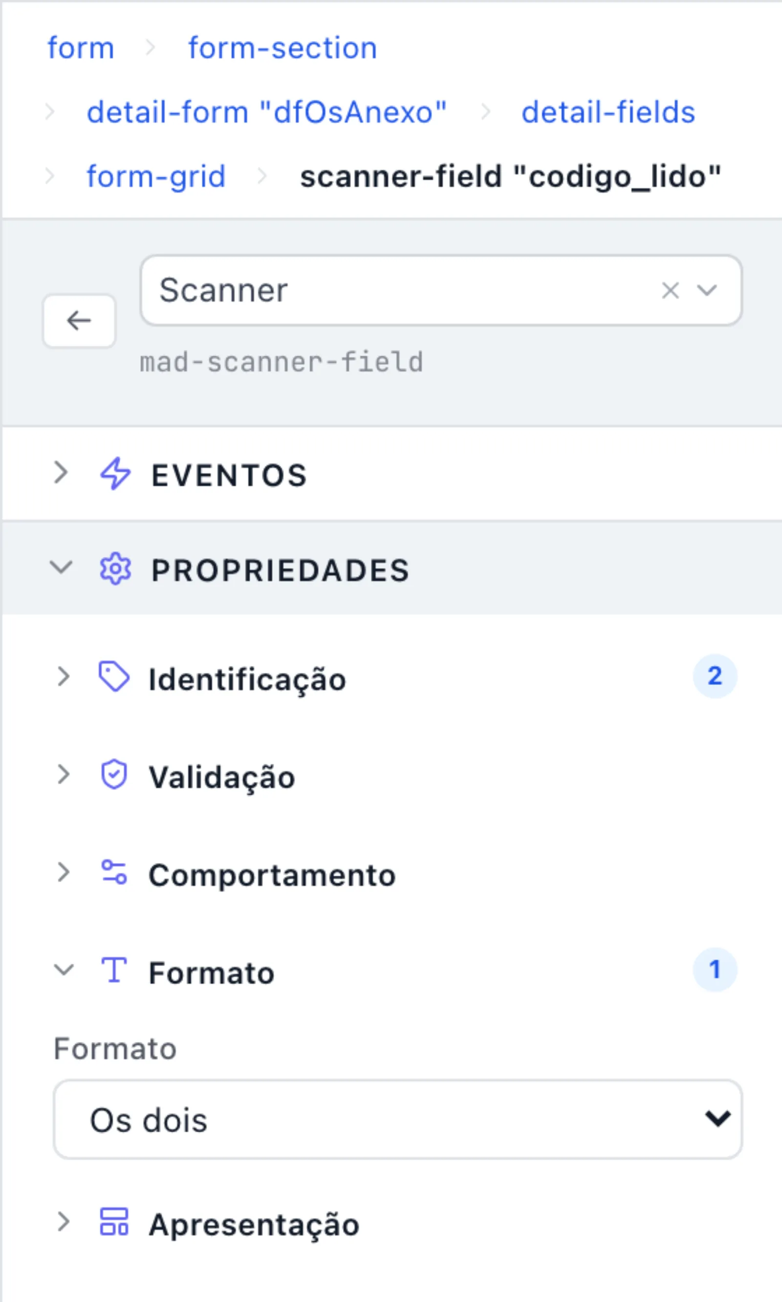 Campo codigo_lido convertido para Scanner (mad-scanner-field), com a seção Formato aberta mostrando a escolha Os dois (as outras são Só QR e Só código de barras)