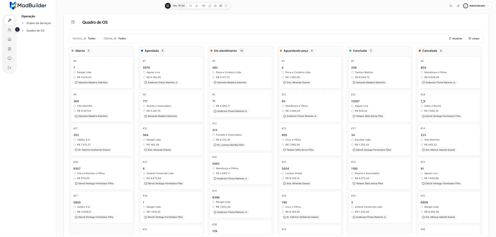 App no Teste Online com as seis colunas de status lado a lado e os cartões mostrando número, cliente, valor e técnico