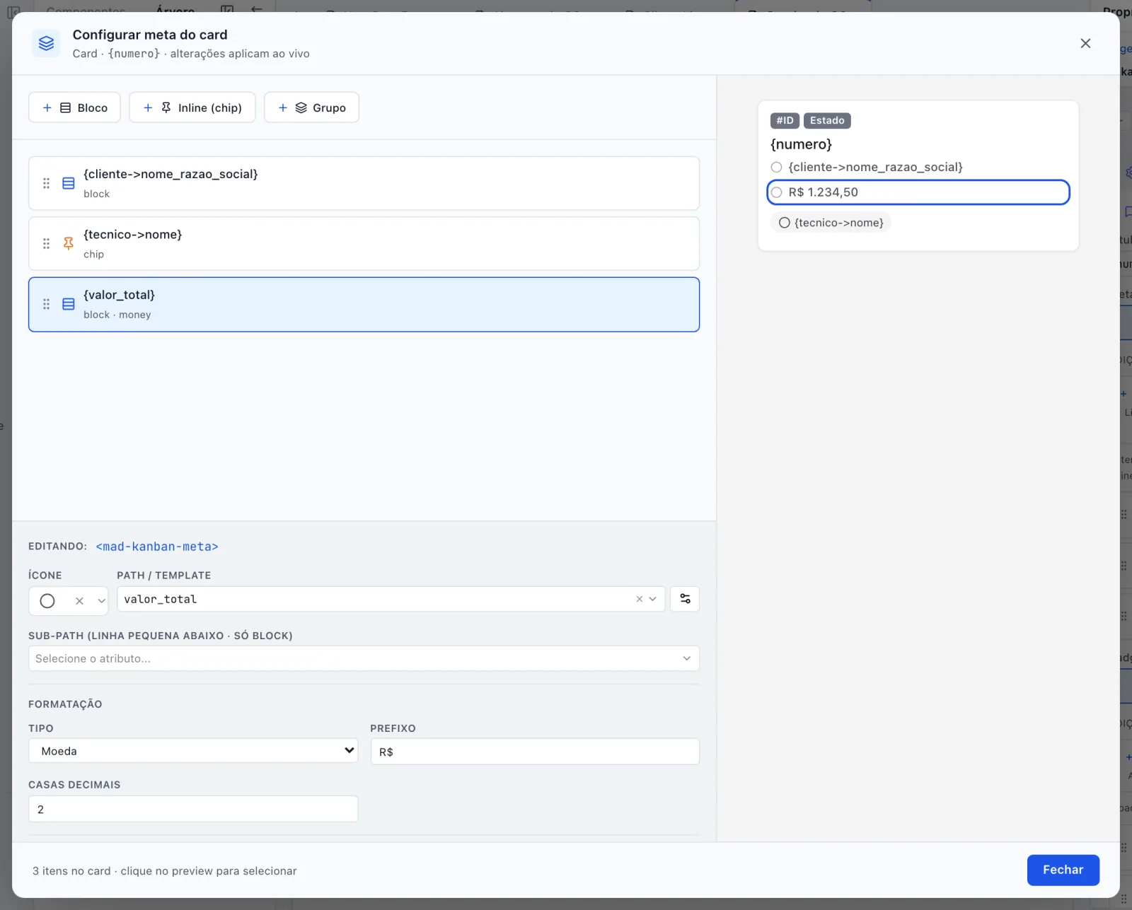 Modal Configurar meta do card com as três metas na lista e o cartão montado no preview ao vivo