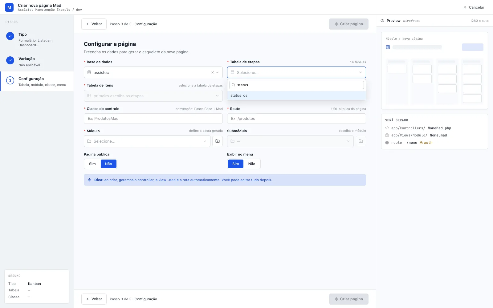 Assistente de página nova no passo Configuração (Passo 3 de 3), com o combo Tabela de etapas aberto e status_os na lista