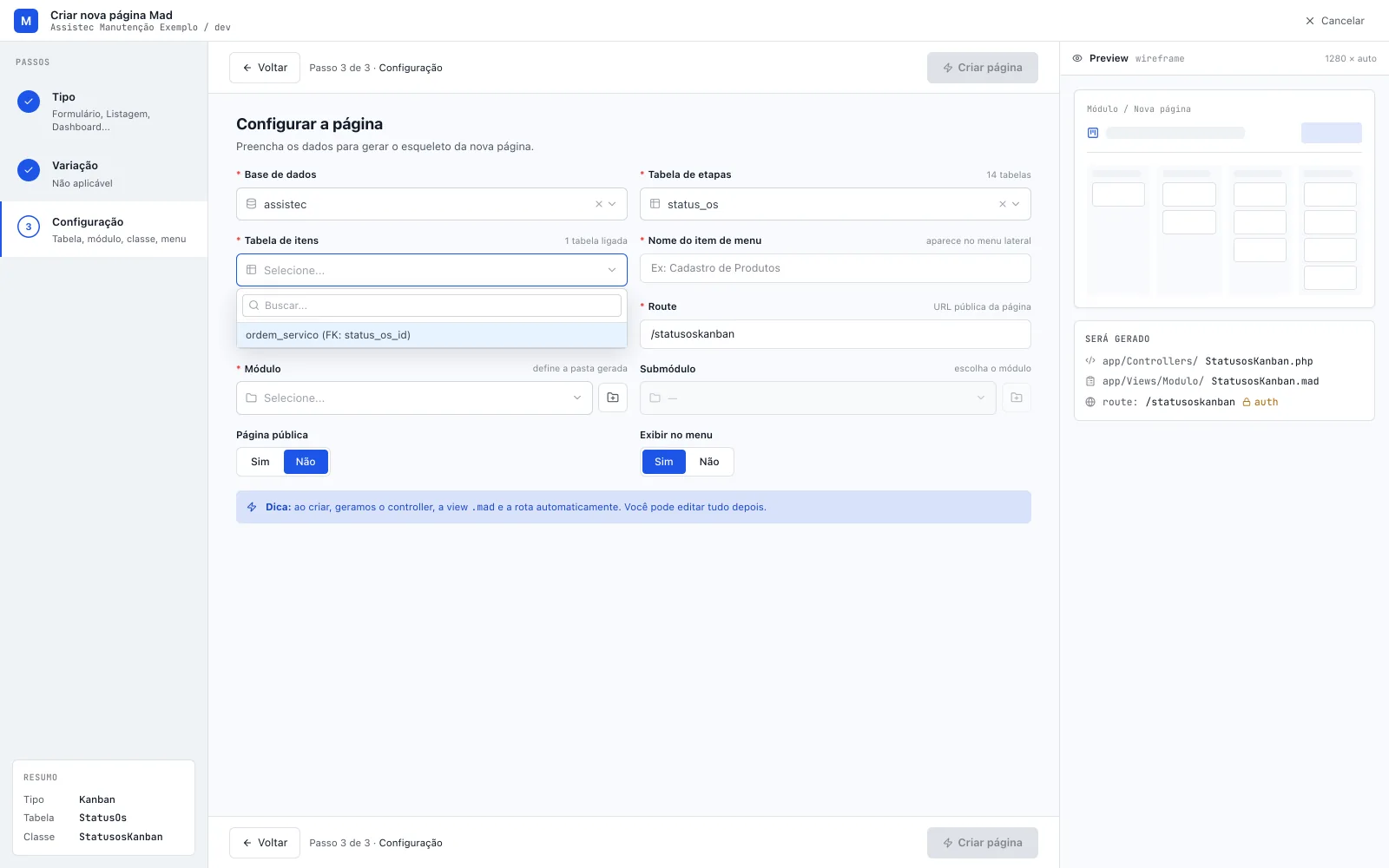 Mesmo passo com o combo Tabela de itens aberto mostrando ordem_servico (FK: status_os_id)