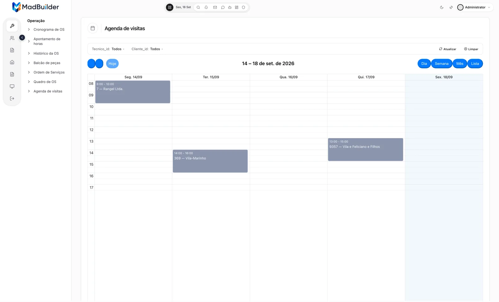 App no Teste Online com a agenda de segunda a sexta, das 08h às 18h, três visitas marcadas com número e cliente no título e a barra de filtros (Tecnico_id, Cliente_id) no topo