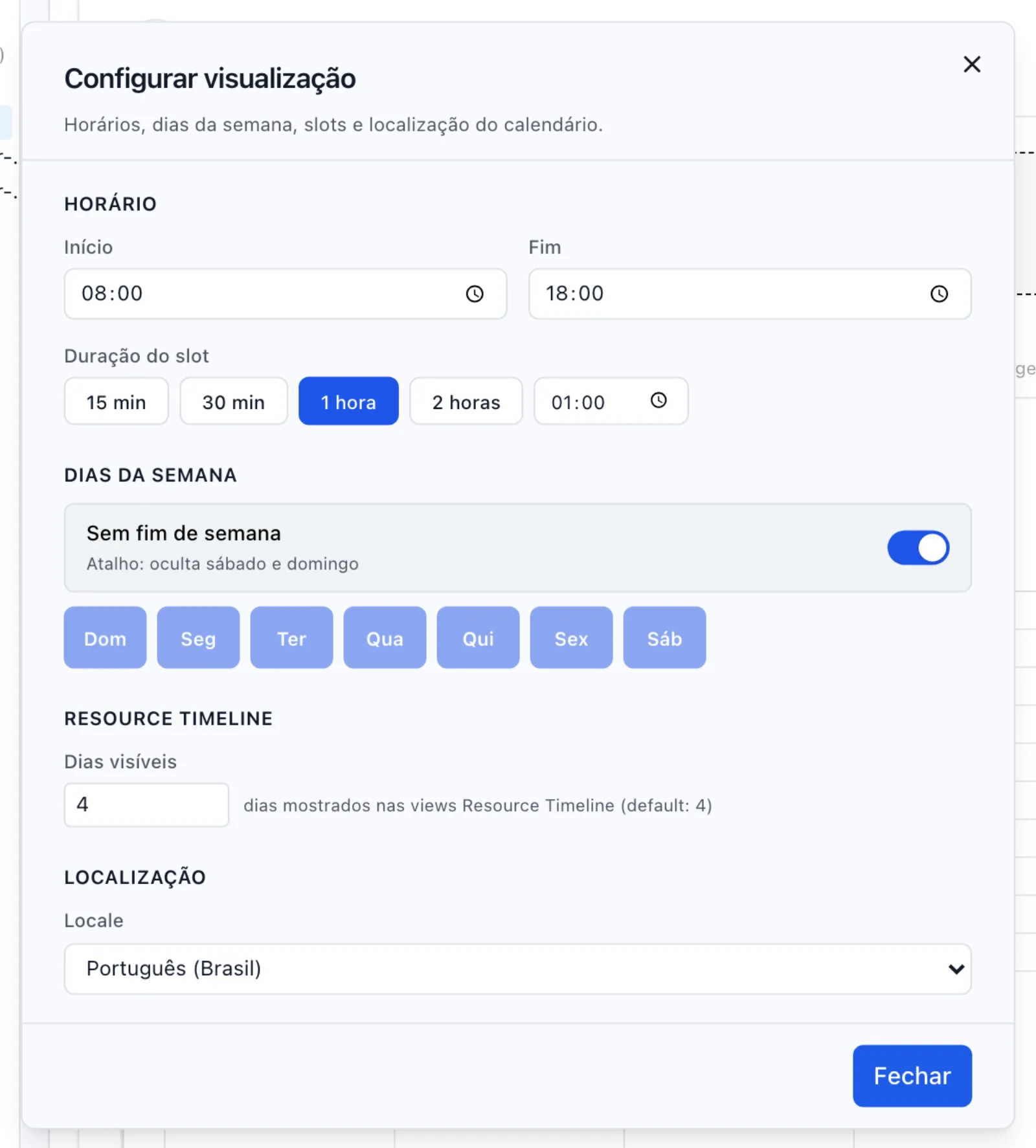 Janela Configurar visualização com Horário 08:00–18:00, Duração do slot em 1 hora e Sem fim de semana ligado (os dias da semana esmaecidos)