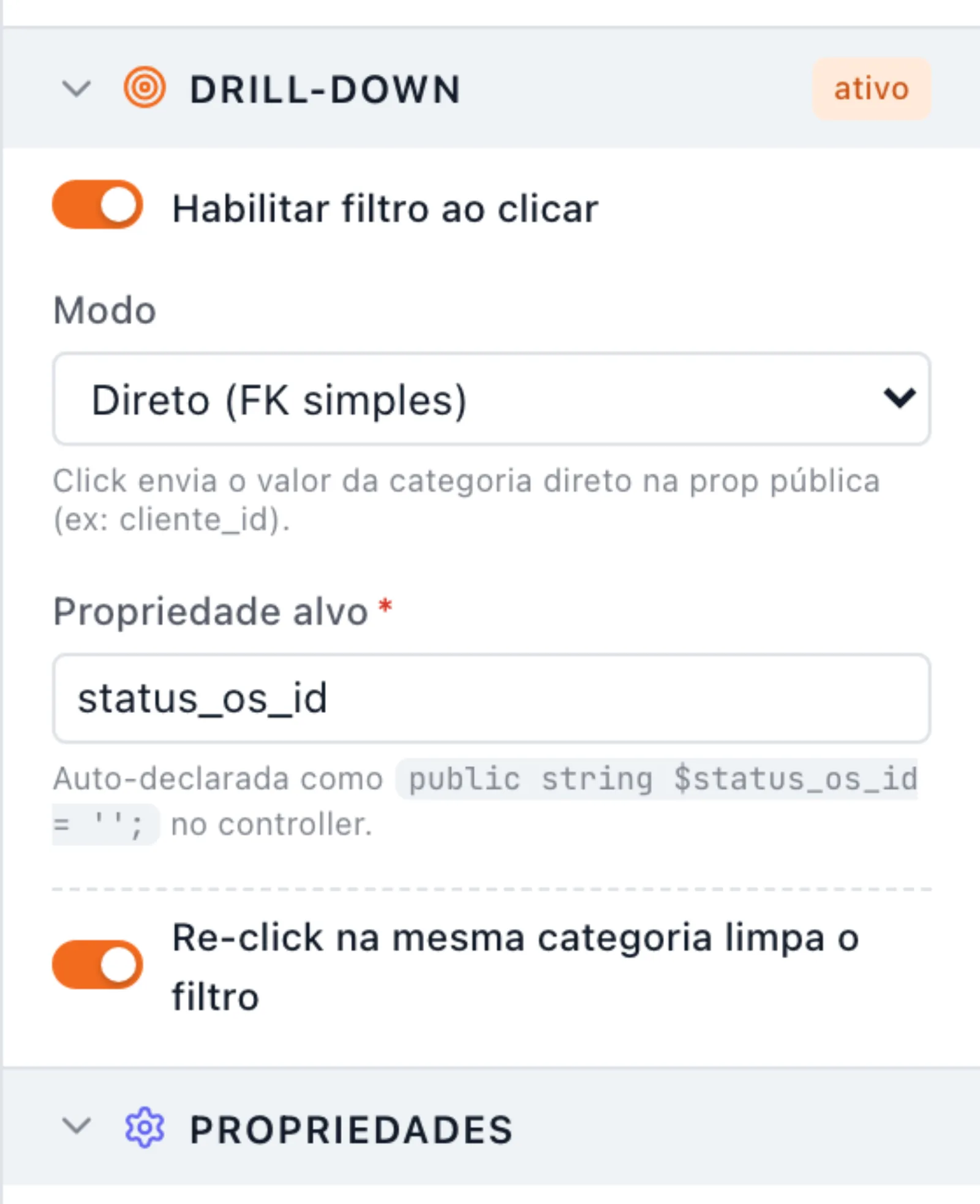Seção Drill-down do Bar Chart com Habilitar filtro ao clicar ligado, Modo em Direto (FK simples) e Propriedade alvo status_os_id