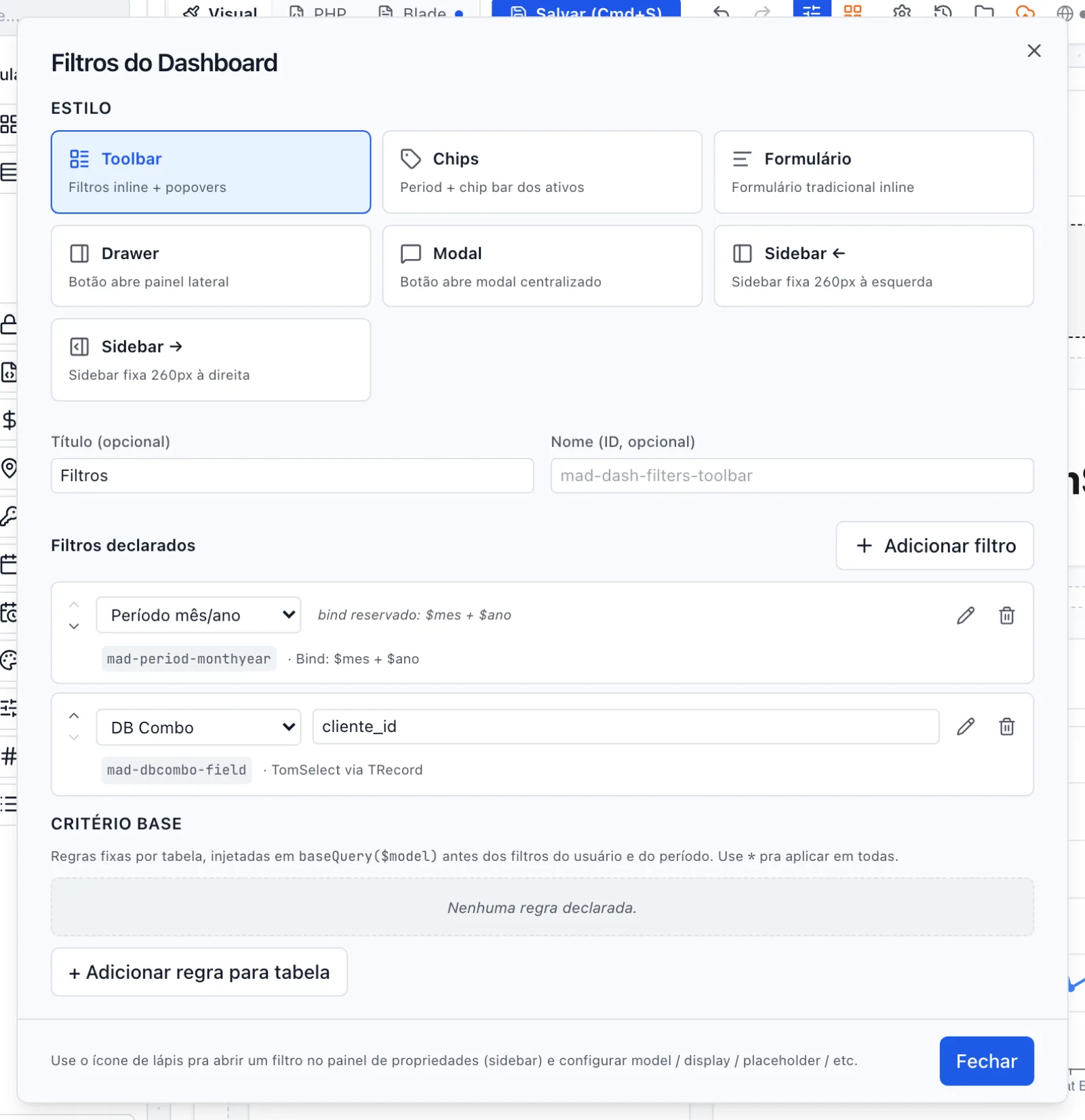 Janela Filtros do Dashboard com Toolbar marcado e os dois filtros declarados (Período mês/ano e DB Combo cliente_id)
