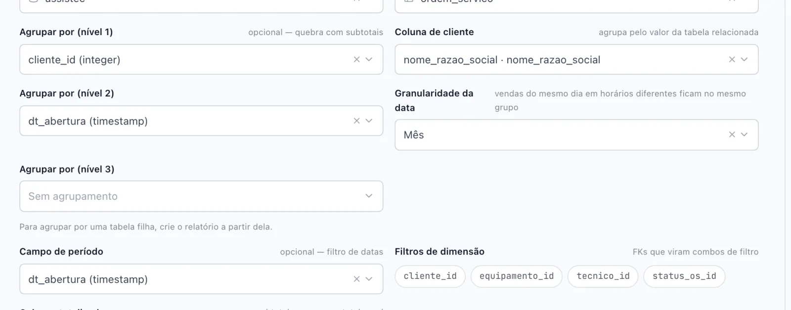 Assistente no passo Configuração com Agrupar por (nível 1) em cliente_id, Coluna de cliente em nome_razao_social, nível 2 em dt_abertura com Granularidade Mês e Campo de período em dt_abertura