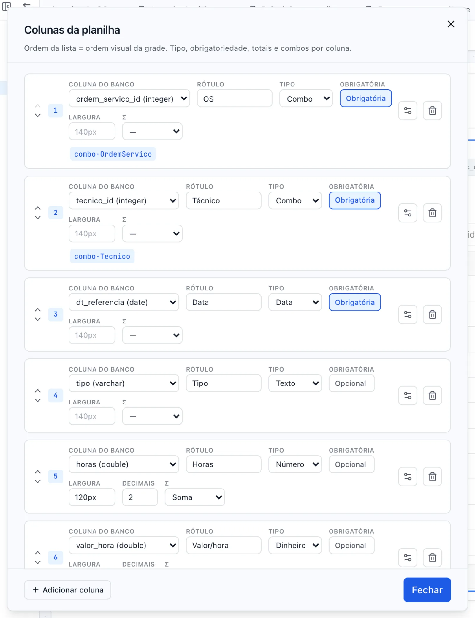 Janela Colunas da planilha com as colunas na ordem da grade — OS e Técnico Obrigatórias em Combo, Horas em Número com Σ Soma e Valor/hora em Dinheiro (a sétima fica abaixo da dobra)