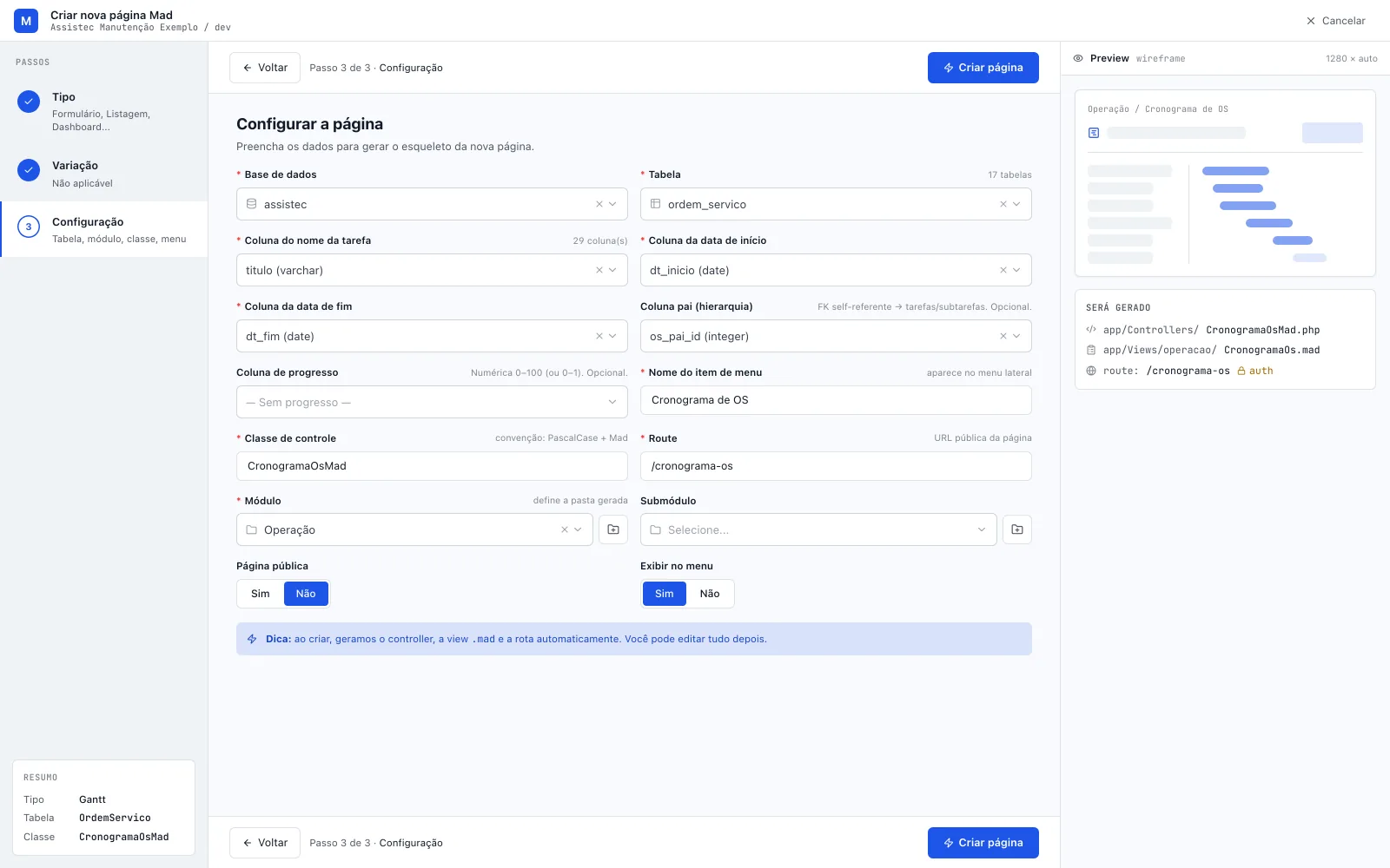 Assistente do tipo Gantt no passo Configuração (Passo 3 de 3, trilho com Variação · Não aplicável), com titulo, dt_inicio, dt_fim e os_pai_id escolhidos, Coluna de progresso ainda em — Sem progresso — e o preview wireframe à direita