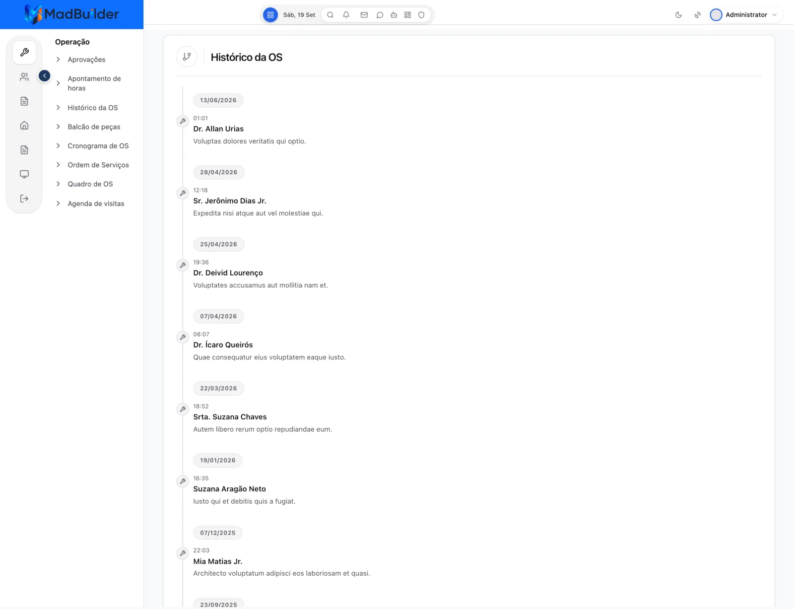 App no Teste Online com a linha do tempo do histórico da OS: dez eventos, um marcador por evento, cada um com título, corpo (observacao) e data formatada (dt_evento); o círculo do marcador mostra um ícone de chave inglesa de verdade (Provider Valor fixo nos Seeds de dev — ver Erros comuns), igual em todos os eventos