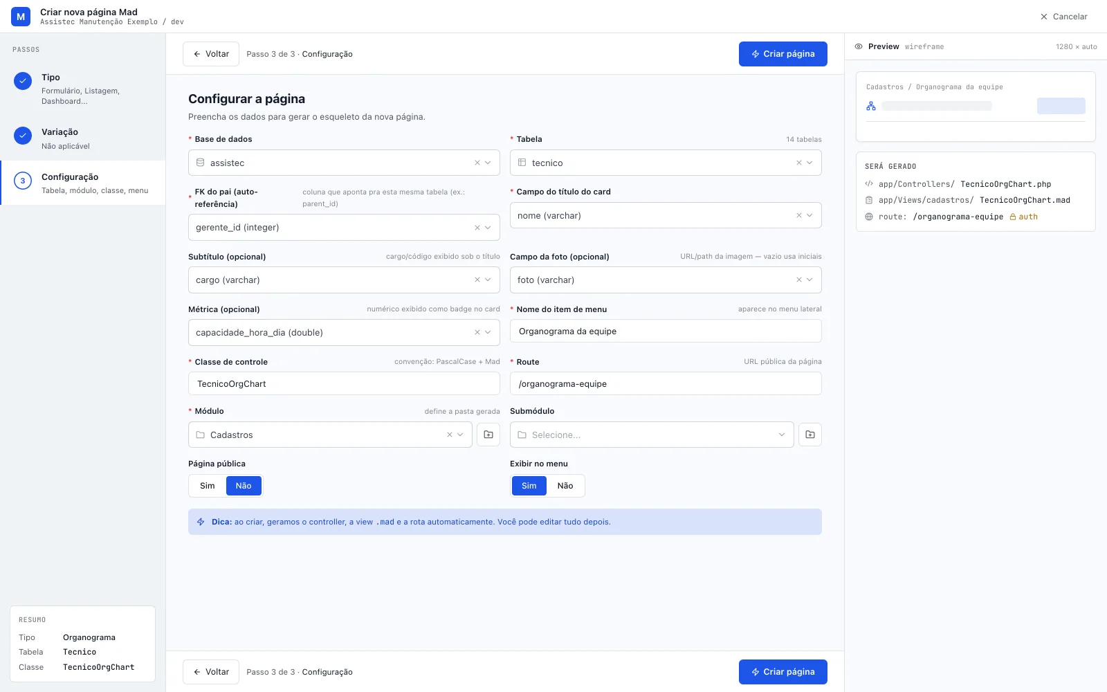 Assistente do Organograma no passo Configuração (Passo 3 de 3, trilho com Variação · Não aplicável), com gerente_id, nome, cargo, foto e capacidade_hora_dia escolhidos