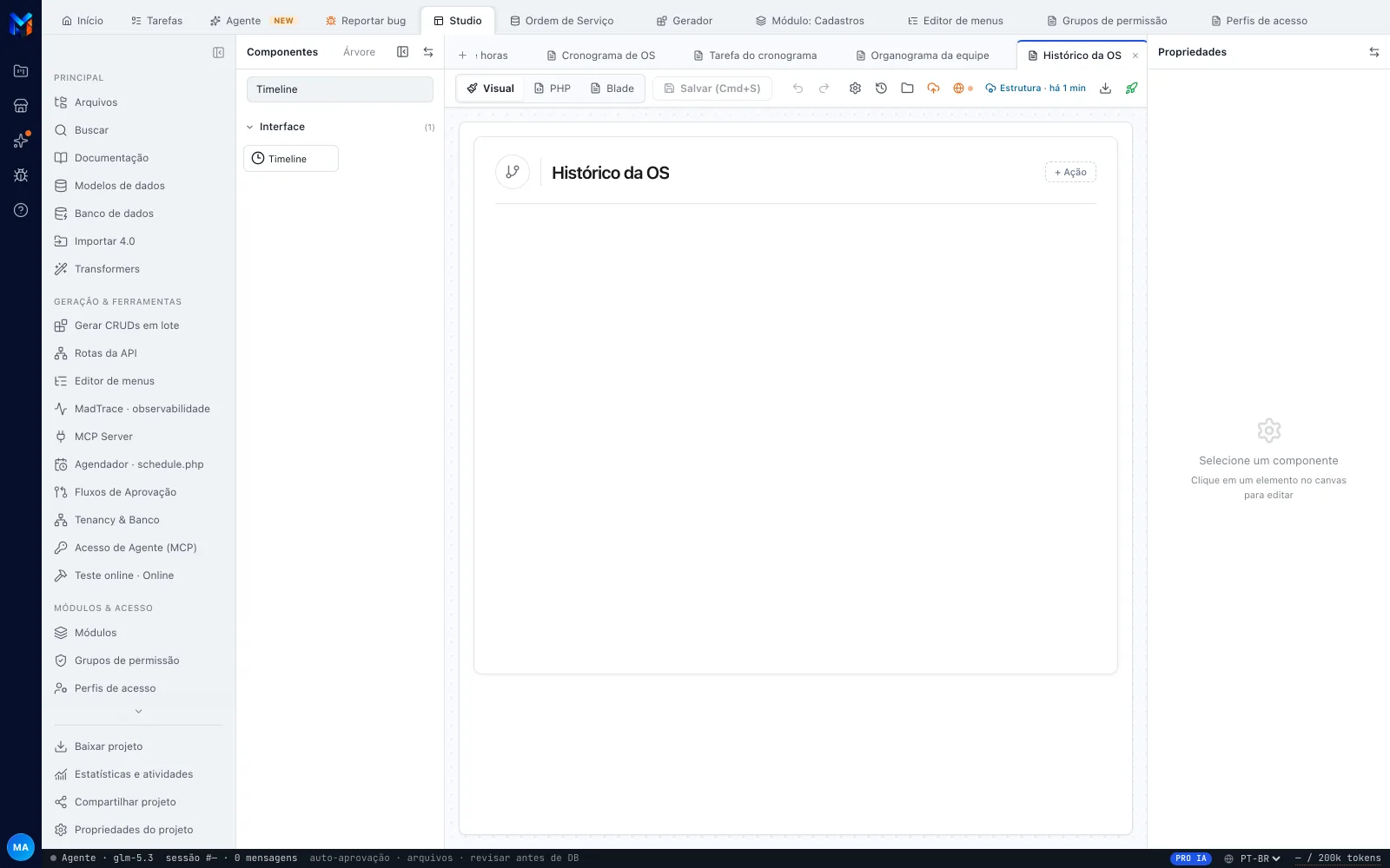 Paleta de componentes filtrada por Timeline, mostrando o grupo Interface com o único resultado, e a página ainda vazia ao lado