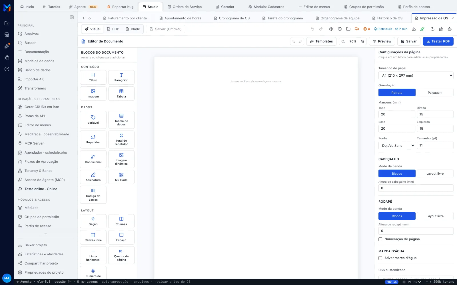 Editor de Documento recém-aberto: paleta Blocos do Documento à esquerda, folha A4 vazia no meio e Configurações da página à direita