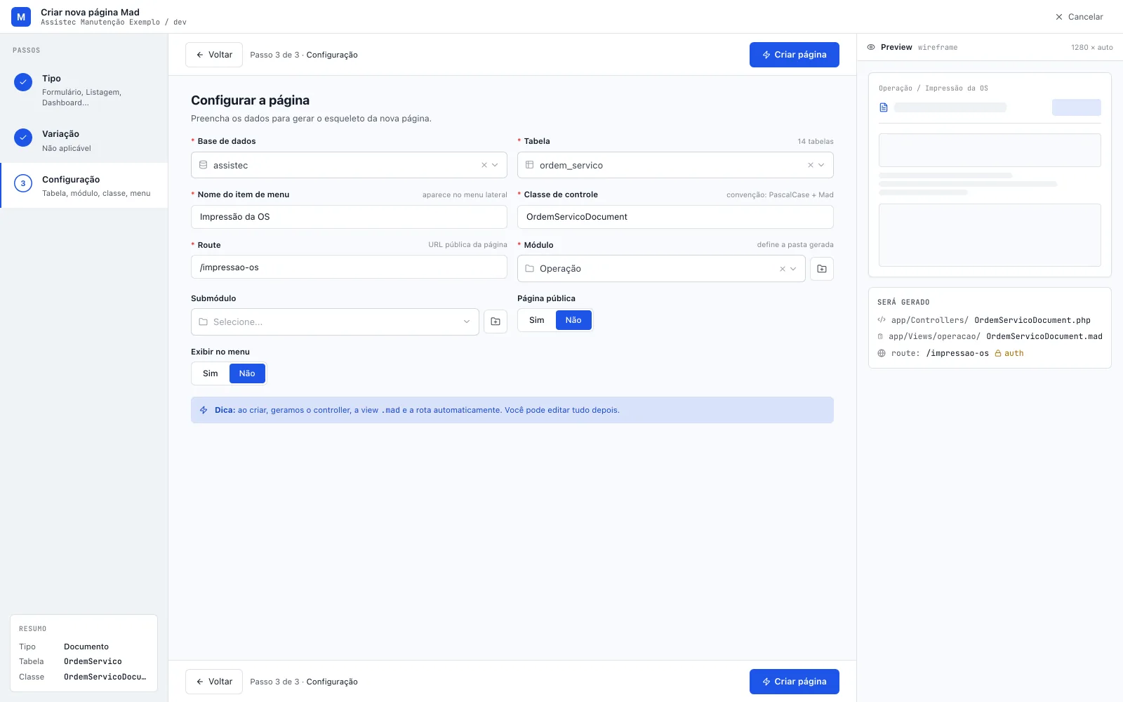 Assistente do tipo Documento no passo Configuração (Passo 3 de 3, trilho com Variação · Não aplicável), com Tabela ordem_servico, os campos de menu preenchidos e Exibir no menu em Não