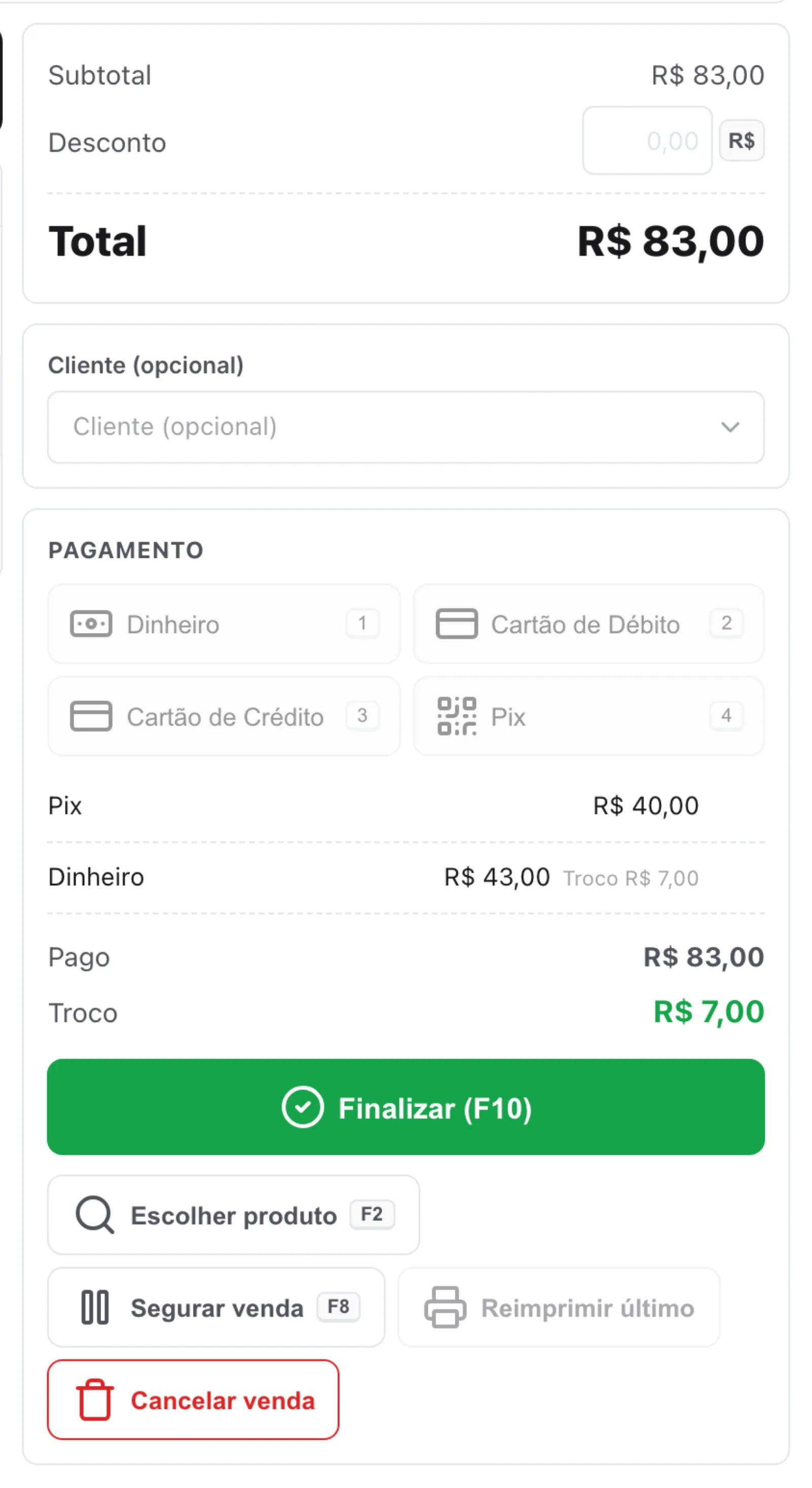 Coluna de pagamento do caixa: Total R$ 83,00, Pix R$ 40,00 lançado antes do Dinheiro R$ 43,00, Pago R$ 83,00 e Troco R$ 7,00 em verde, com Finalizar (F10) abaixo