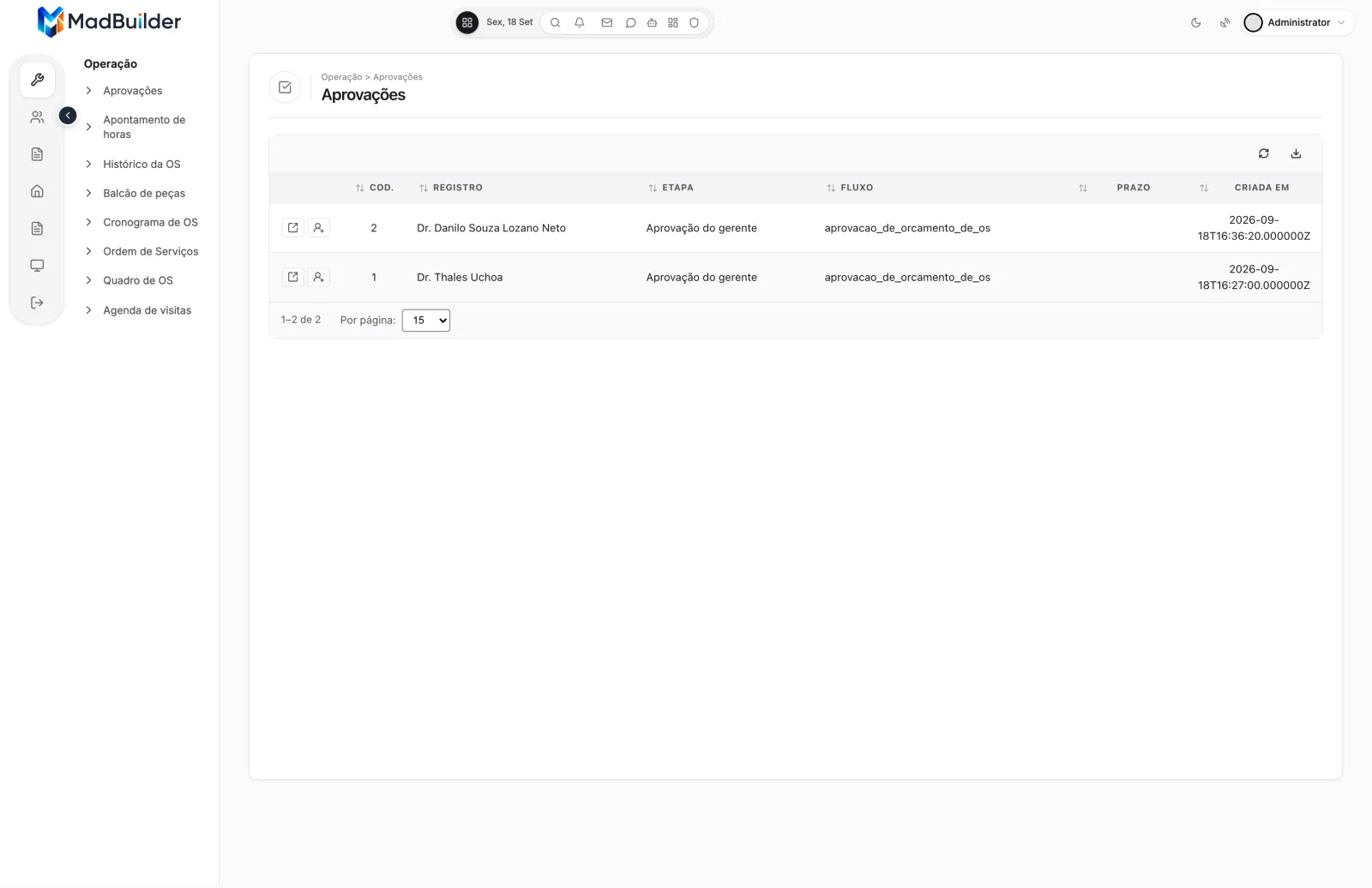 App no Teste Online na página Aprovações, com as pendências listadas (Cod., Registro, Etapa, Fluxo, Prazo vazio e Criada em) e os ícones Abrir e Delegar na primeira coluna. A pendência deste print veio de um botão colado à mão no Blade — hoje quem coloca o botão é o Aplicar aos formulários, e a fila fica igual