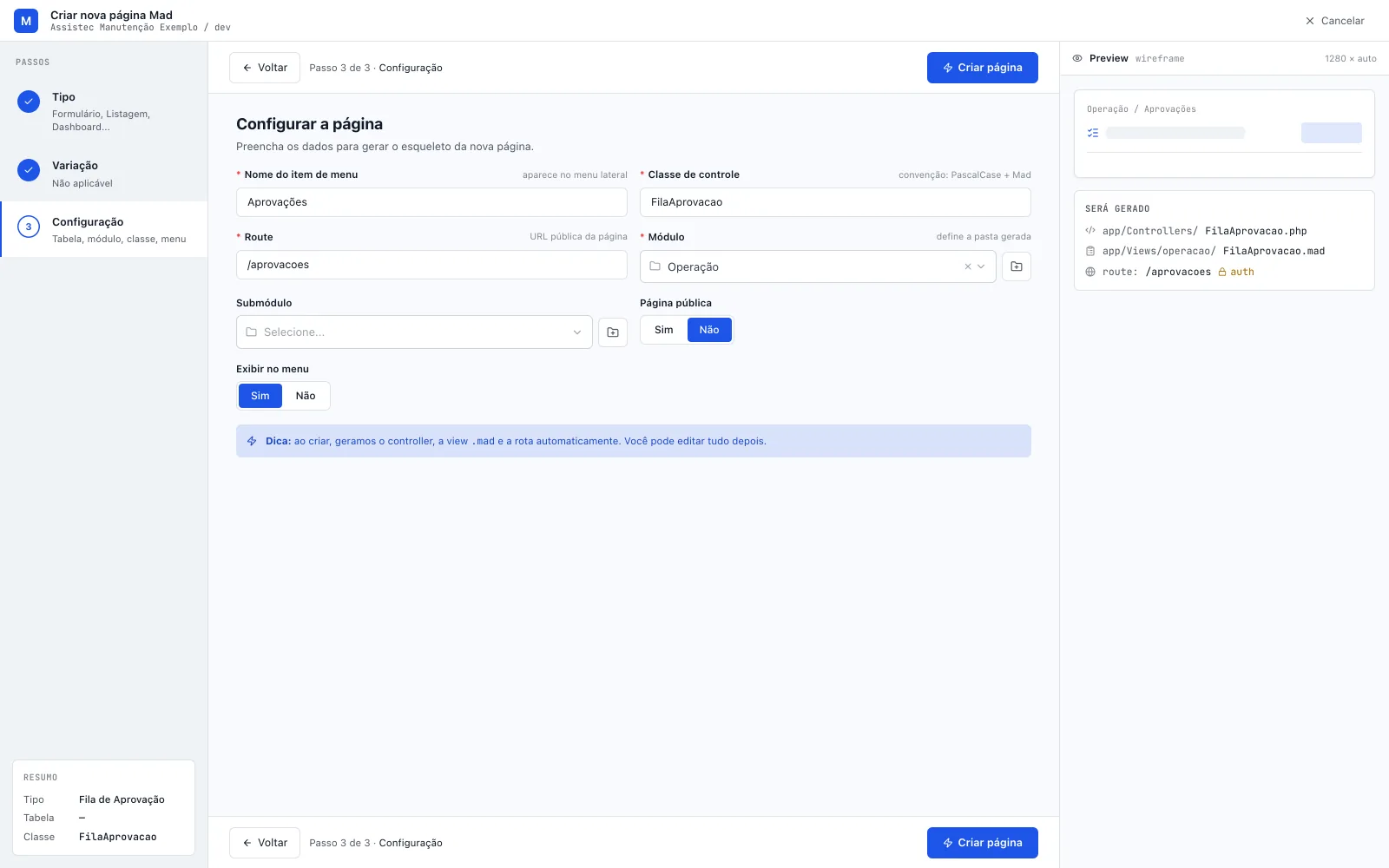 Assistente Criar nova página Mad no tipo Fila de Aprovação, passo Configuração (Passo 3 de 3, trilho com Variação · Não aplicável) sem campo de tabela, com menu, classe, rota e módulo preenchidos e o RESUMO mostrando Tabela —