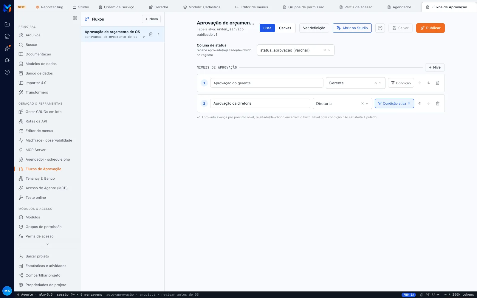Painel em modo Lista depois de Publicar: o cabeçalho mostra publicado v1, o nível 1 com Gerente e o botão Condição, e o nível 2 com Diretoria e Condição ativa. O print foi feito antes do diálogo Aplicar aos formulários existir, então ele não aparece aqui — na sua tela o publish pergunta primeiro, e o botão Aplicar aos formulários fica no cabeçalho, ao lado de Publicar