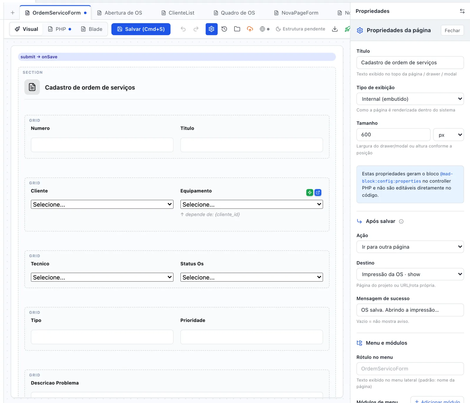 Canvas do OrdemServicoForm com o painel direito na seção Após salvar: Ação Ir para outra página, Destino Impressão da OS · show e Mensagem de sucesso preenchida