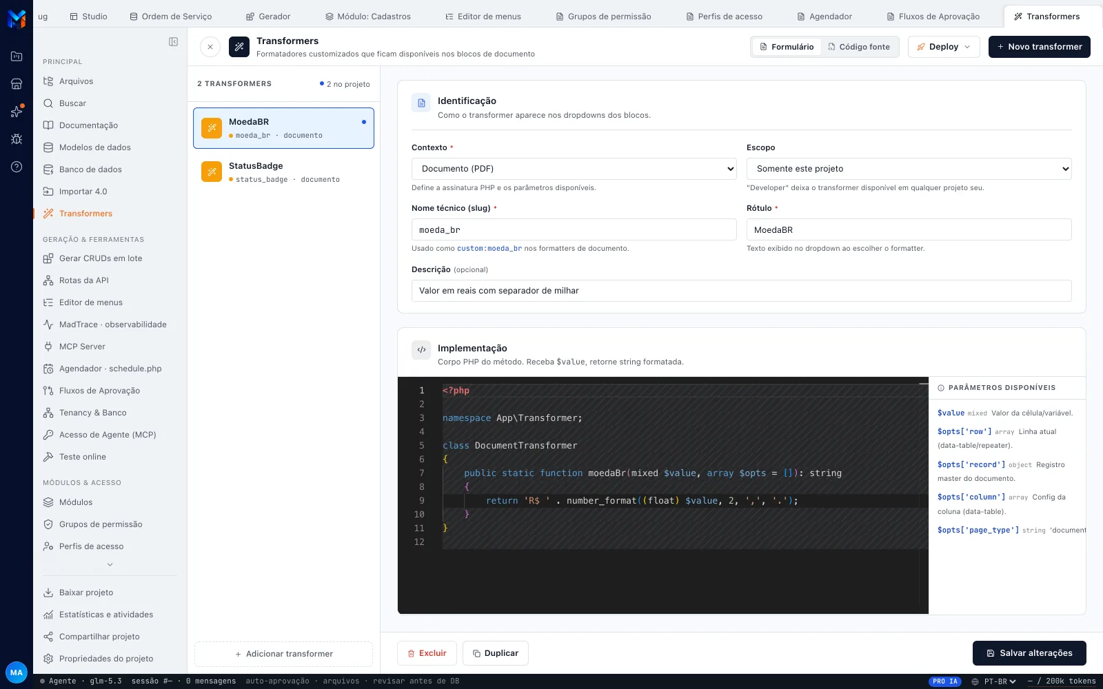Painel Transformers com moeda_br aberto: Identificação (Contexto Documento (PDF), Escopo Somente este projeto) e a Implementação mostrando a classe DocumentTransformer com o corpo do método