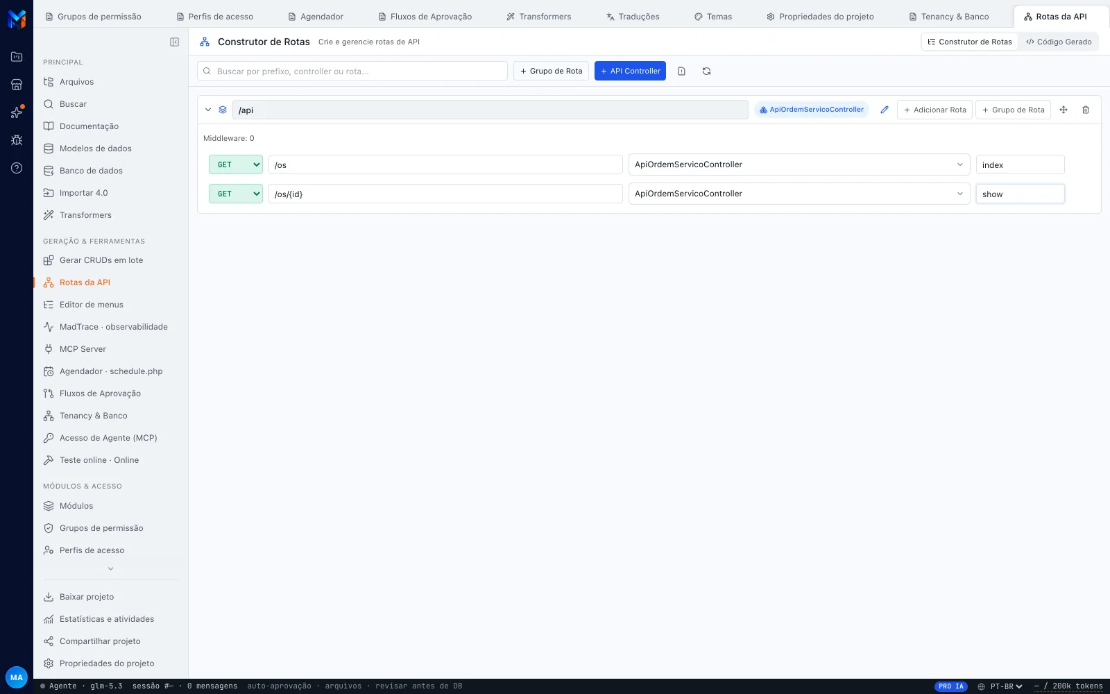 Painel Construtor de Rotas com o grupo /api expandido, o selo do ApiOrdemServicoController e as duas rotas GET /os → index e GET /os/{id} → show (a aba Código Gerado fica no canto superior direito)