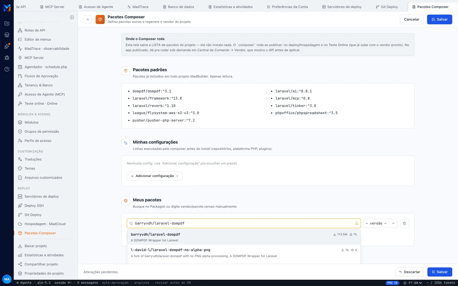 Painel Pacotes Composer com Onde o Composer roda, Pacotes padrões, Minhas configurações e Meus pacotes — este último com a busca do Packagist aberta em barryvdh/laravel-dompdf e o rodapé em Alterações pendentes
