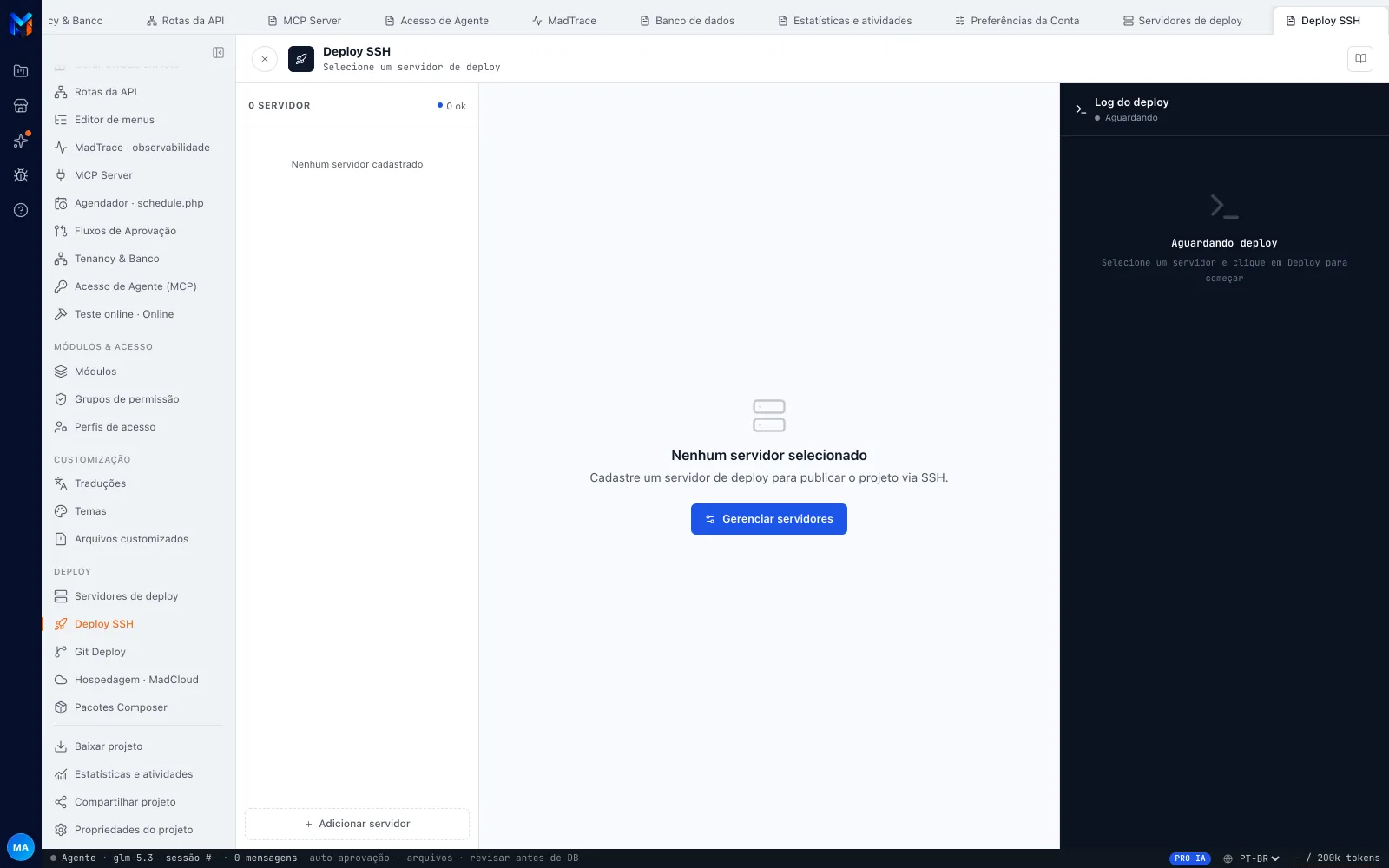 Painel Deploy SSH sem servidor cadastrado: a coluna 0 SERVIDOR, o estado Nenhum servidor selecionado com o botão Gerenciar servidores e o Log do deploy em Aguardando