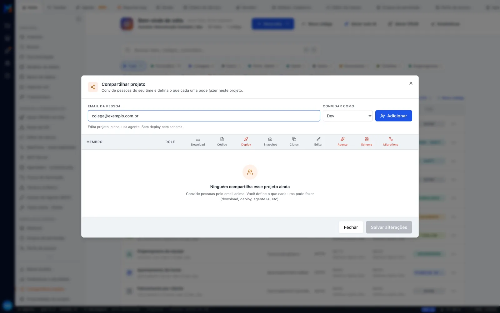 Modal Compartilhar projeto com o e-mail de exemplo digitado, o seletor Convidar como em Dev, as nove colunas de permissão (Download, Código, Deploy, Snapshot, Clonar, Editar, Agente, Schema, Migrations) e o estado Ninguém compartilha esse projeto ainda