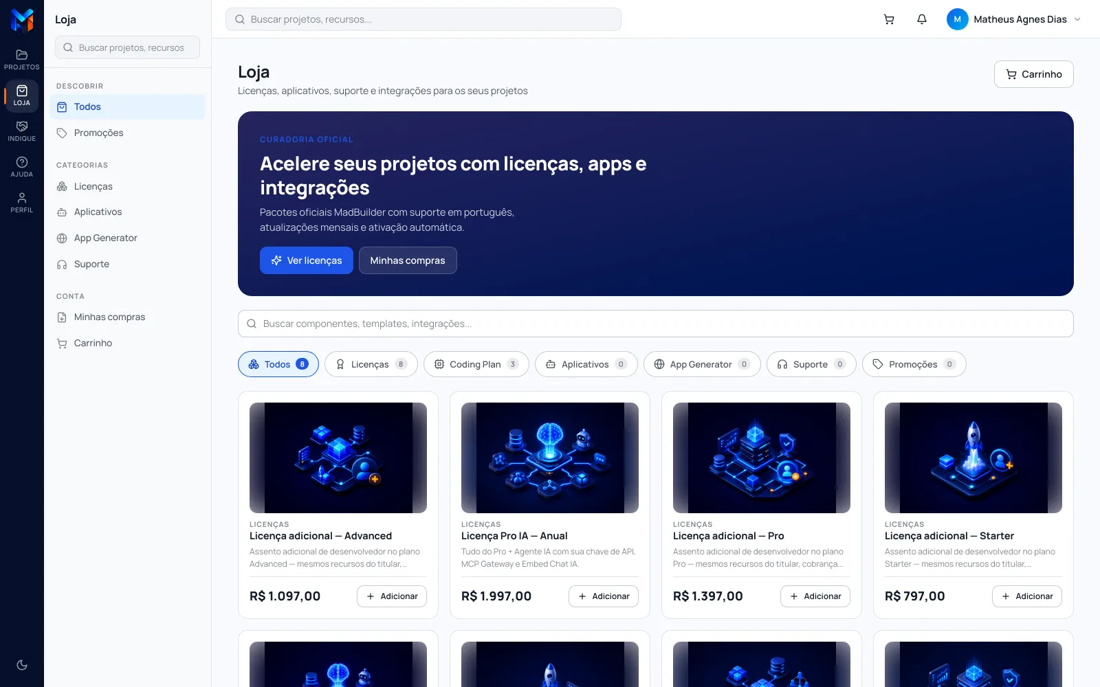 Loja do manager na aba Todos, com as categorias à esquerda (Licenças, Aplicativos, App Generator, Suporte) e a grade de licenças com preço e botão Adicionar