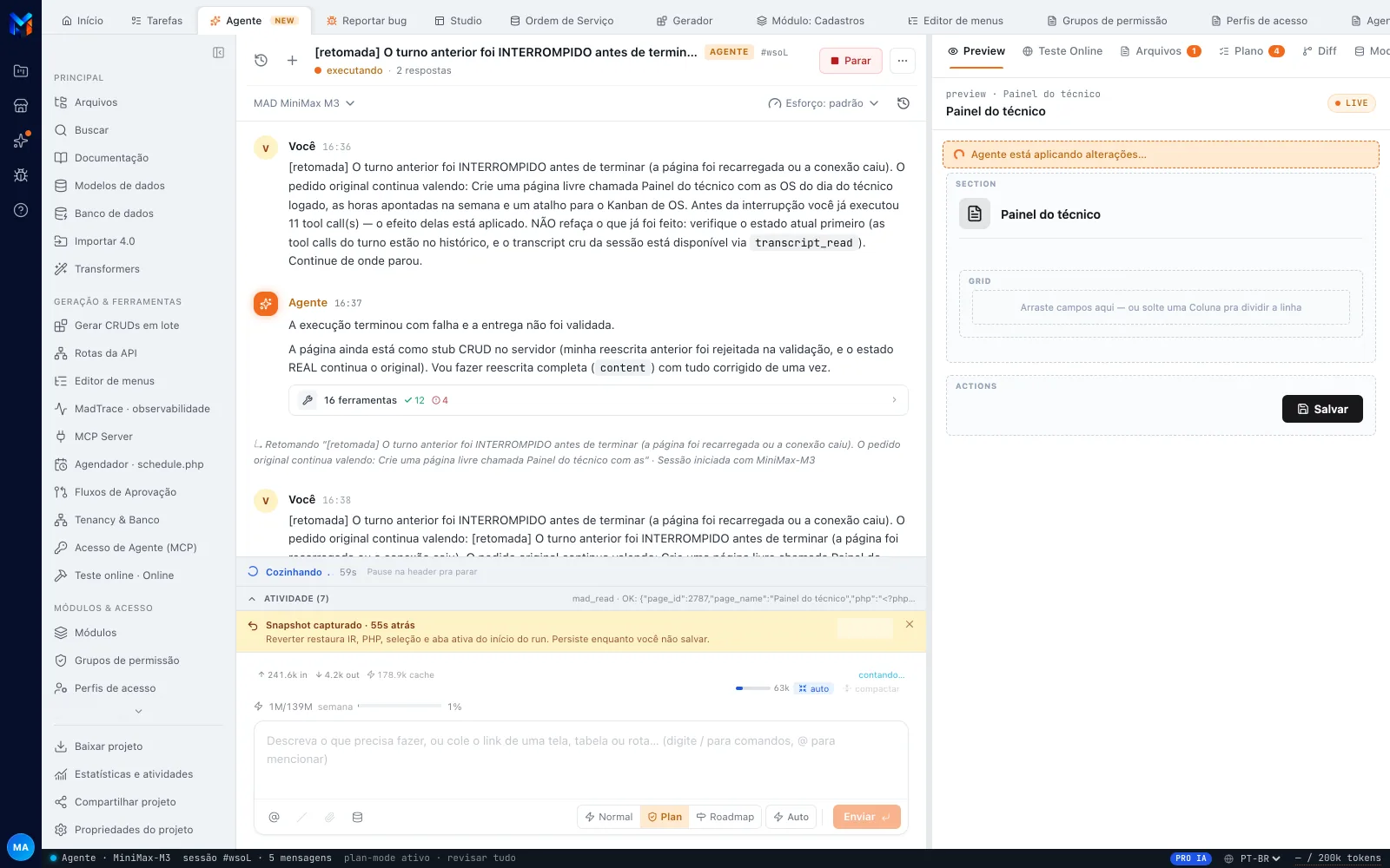 Sessão do agente em modo Plan: o chat com as respostas e o contador de ferramentas do turno, a aba Plano (N) no painel direito e o preview LIVE da página em construção. O nome do arquivo diz roadmap por histórico — o modo que a tela chama de Plan é este, e Roadmap é o modo vizinho, que a aula não usa