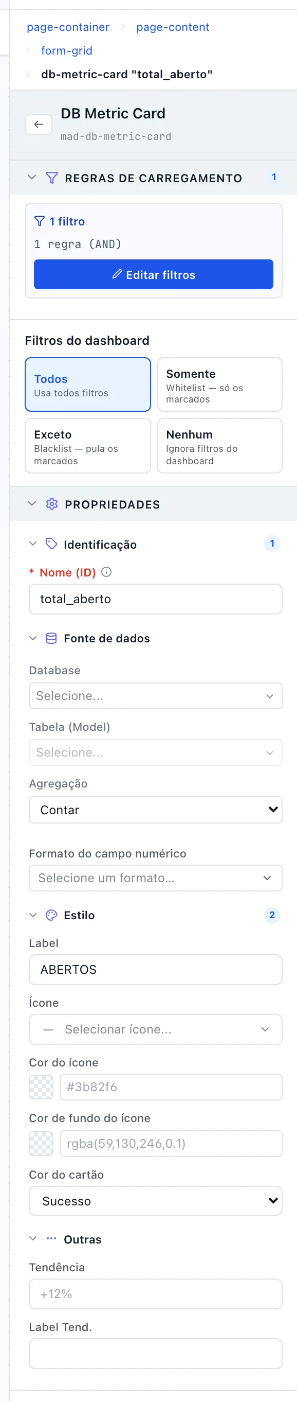 Painel de um cartão de número com Regras de carregamento, Filtros do dashboard, Identificação, Fonte de dados, Estilo e Outras abertos
