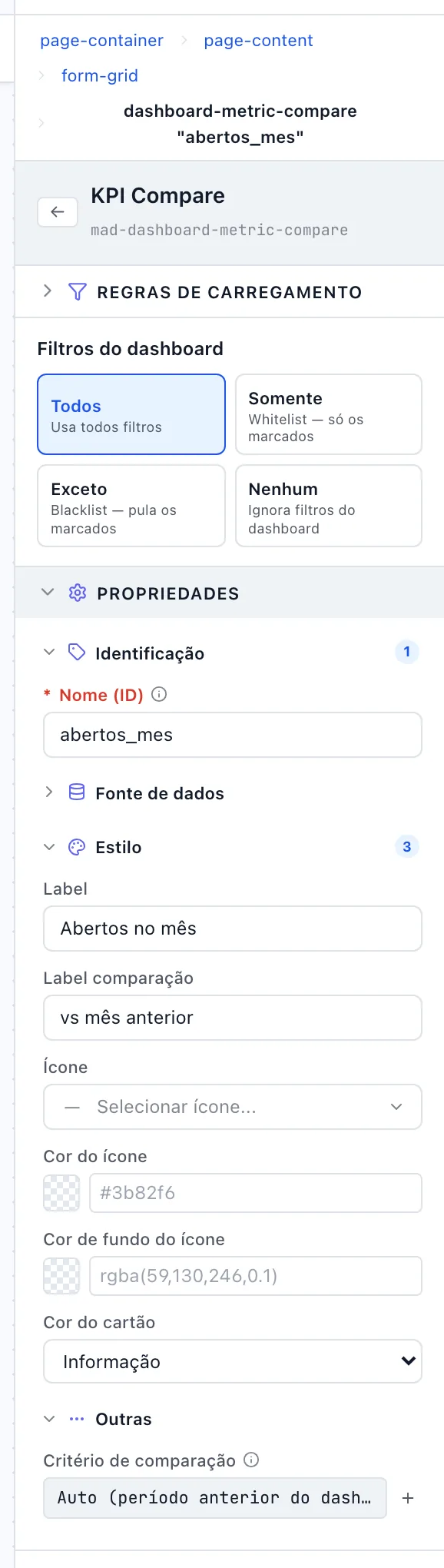 Painel de um cartão de comparação com Identificação, Estilo e Outras abertos