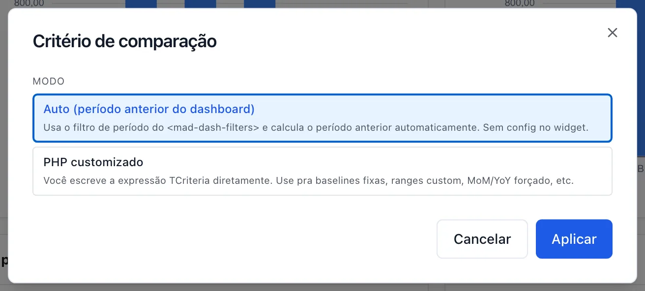 Janela Critério de comparação, com o modo automático e o modo PHP customizado