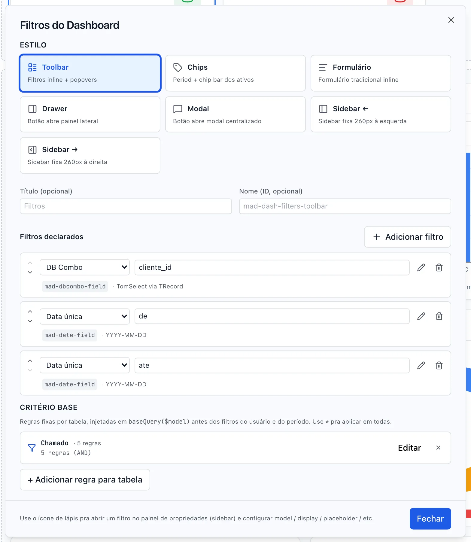 Janela Filtros do Dashboard, com o estilo, a lista de filtros declarados e o critério base