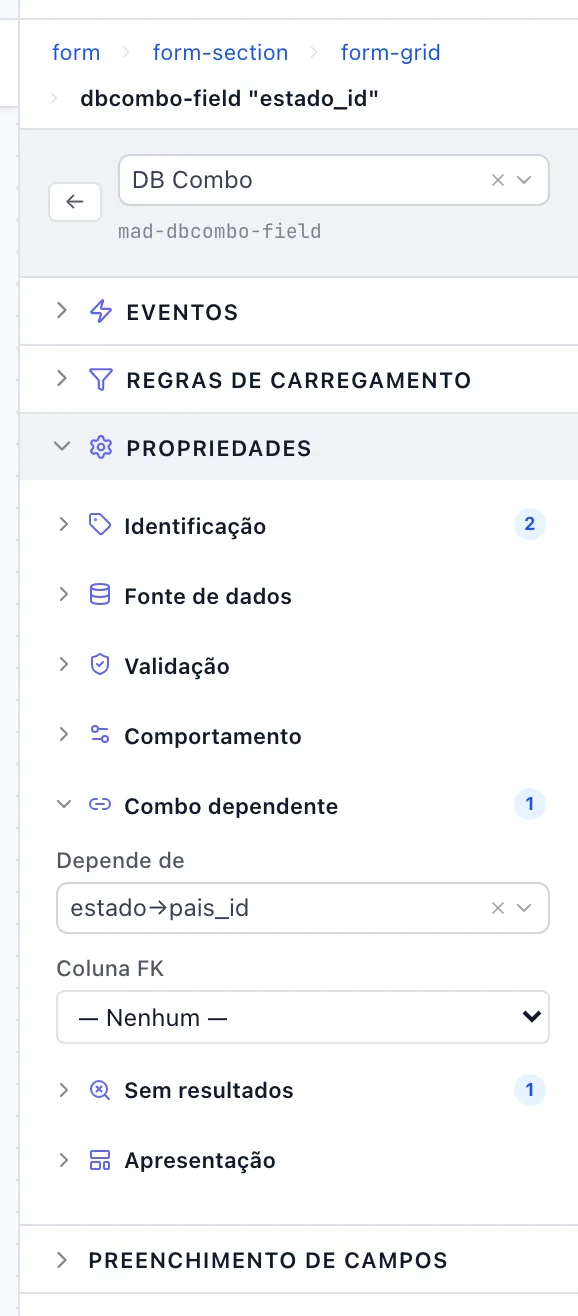 Seção Combo dependente aberta, com os campos Depende de e Coluna FK preenchidos