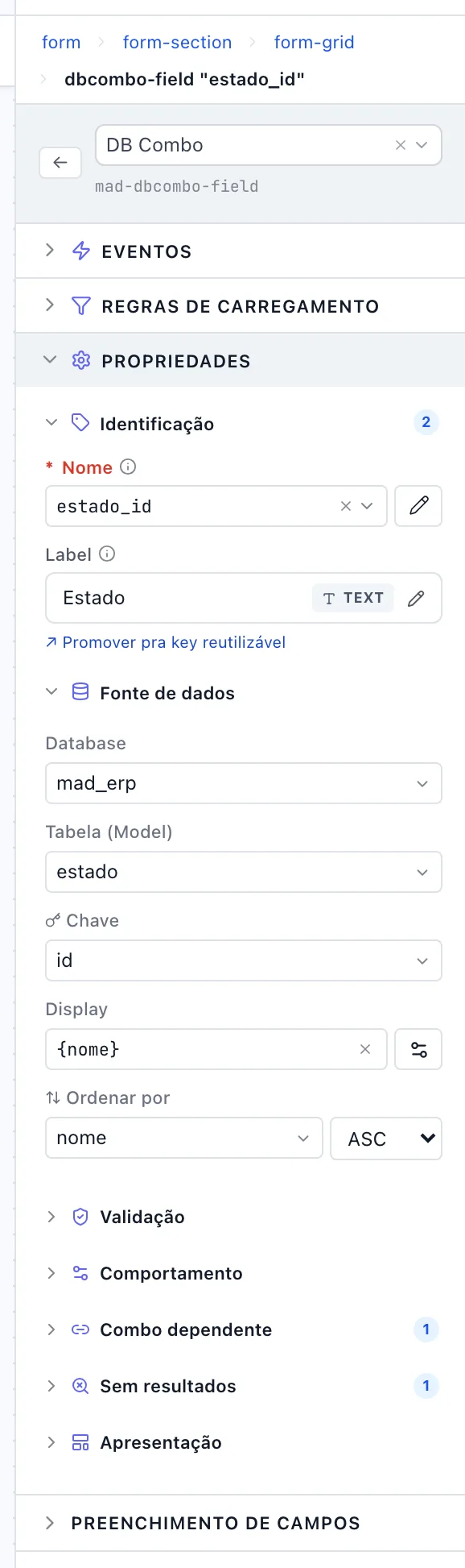 Painel de propriedades do DB Combo com a seção Fonte de dados preenchida